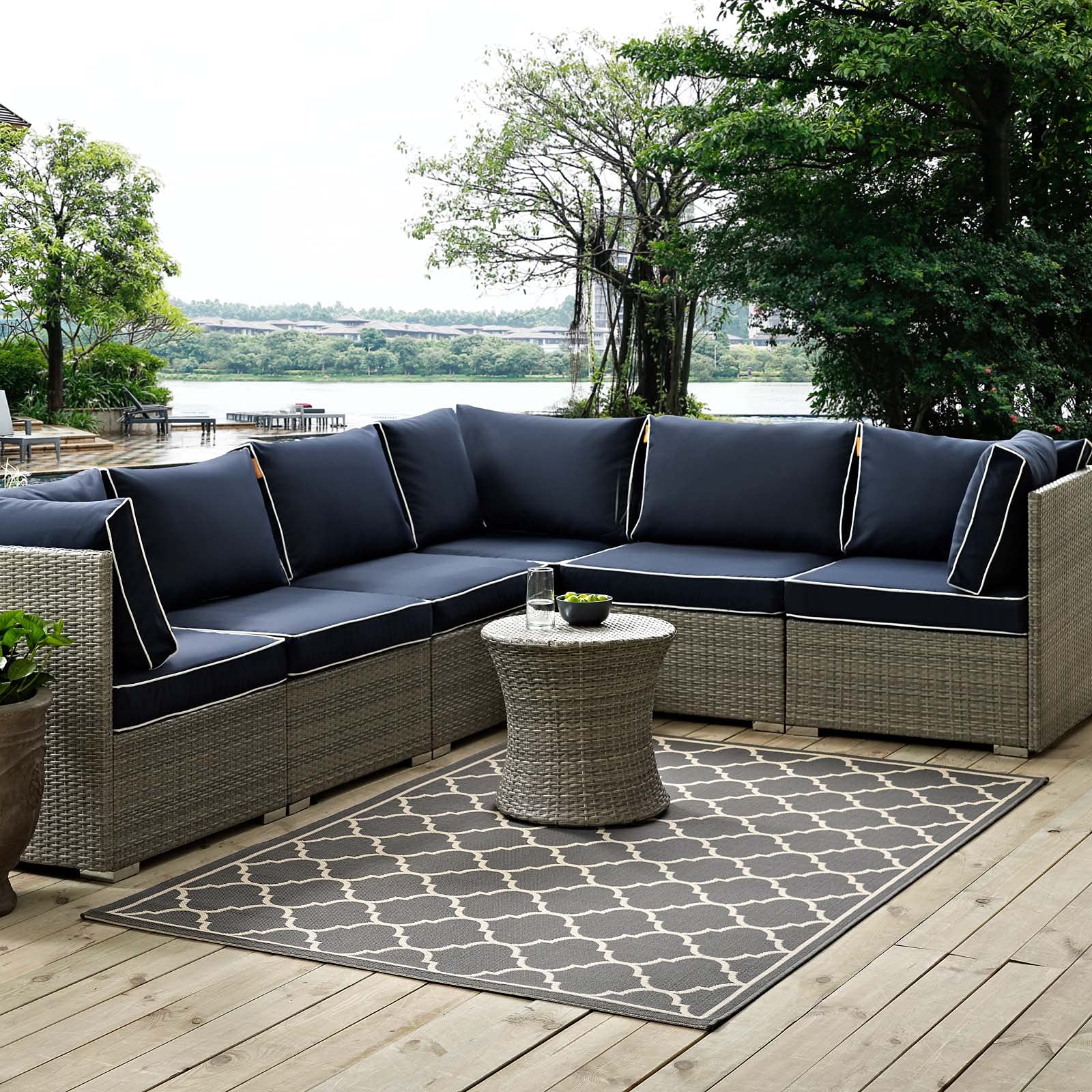 Modway Avena Moroccan Quatrefoil Trellis 9X12 Indoor And Outdoor Area Rug In Gray And Beige