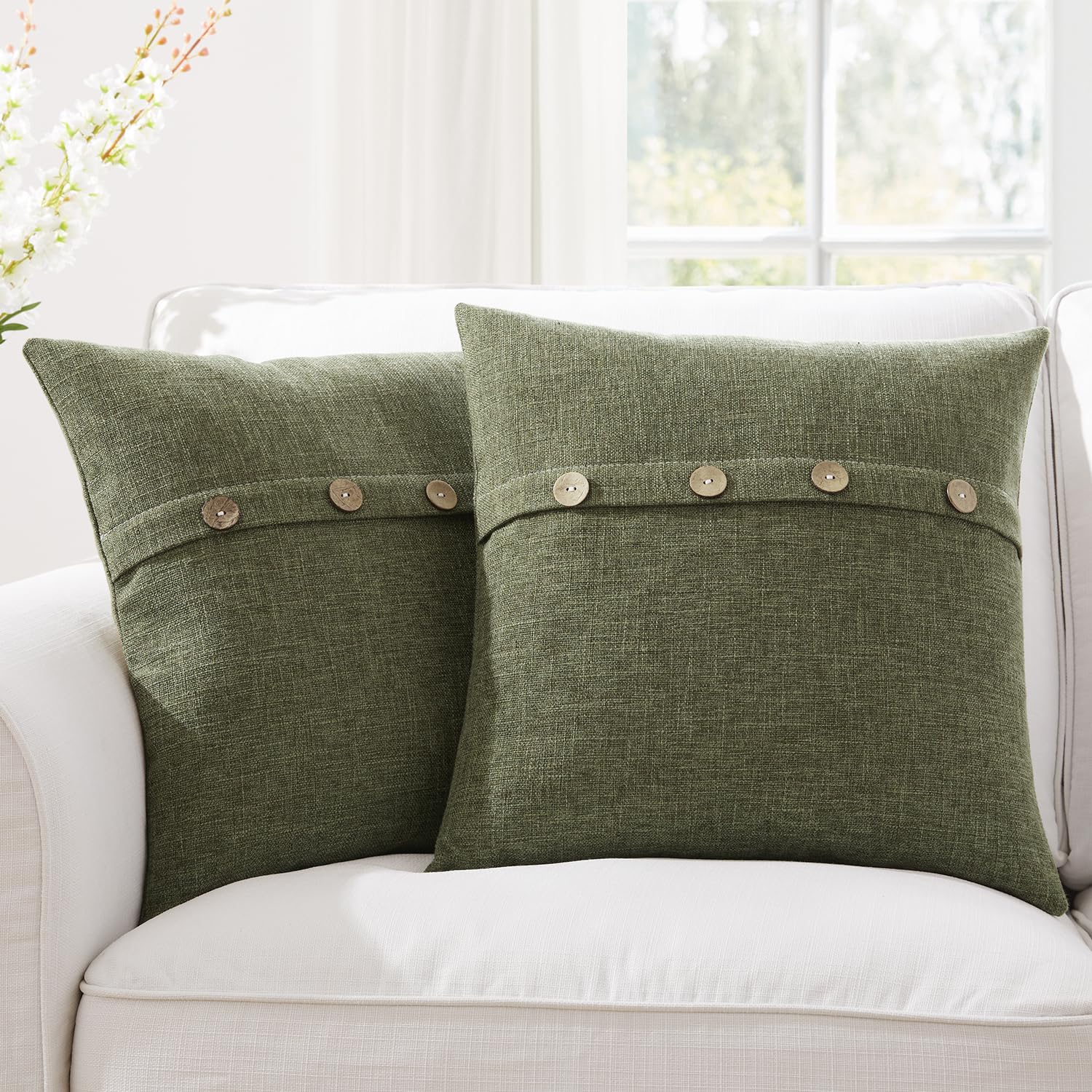 Meekio Set Of 2 Moss Green Pillow Covers 18 X 18 Inches Farmhouse Pillow Covers With Coconut Buttons For Sofa Couch Living Room