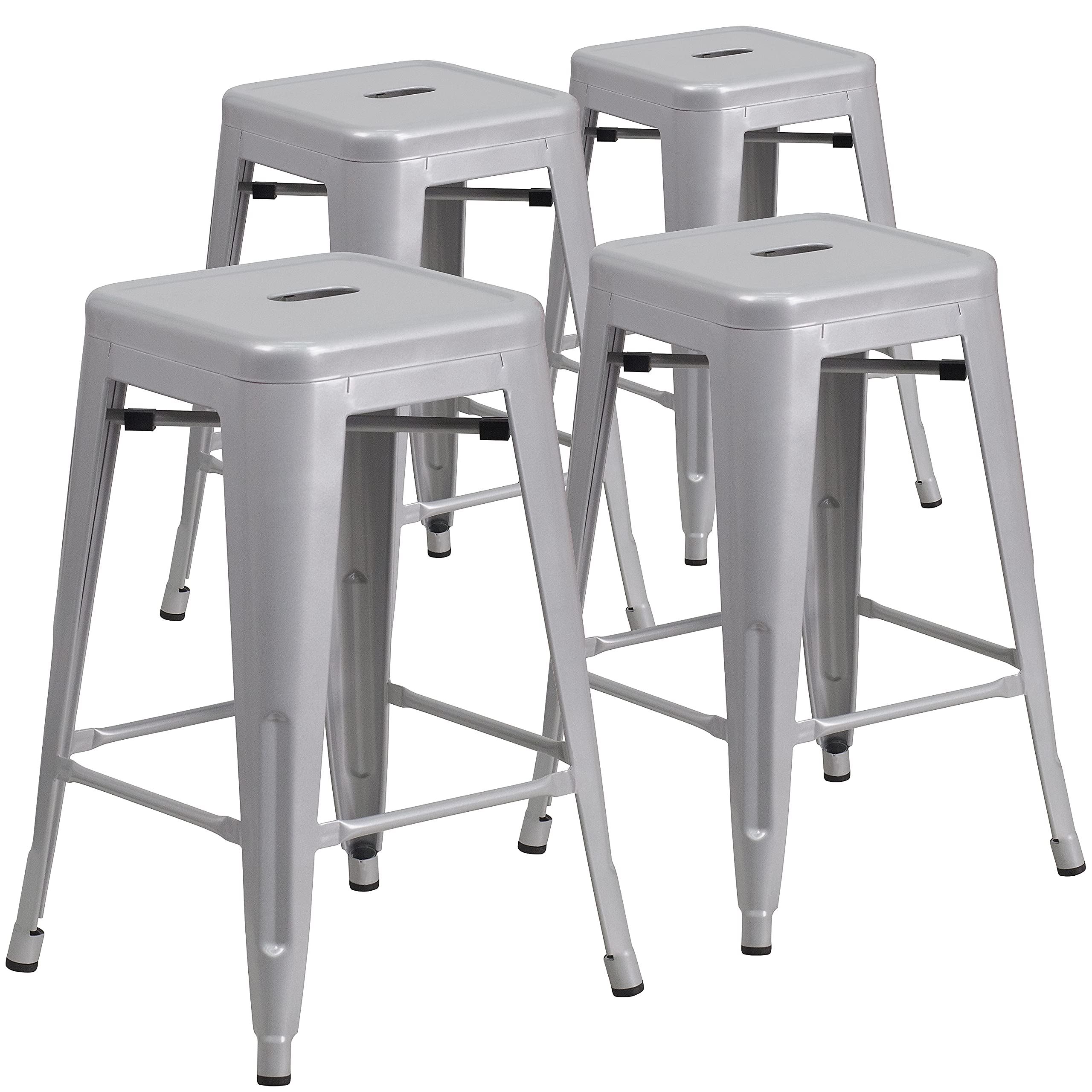 Flash Furniture Lily 4 Pack Commercial Grade 24 High Backless Silver Metal Indoor-Outdoor Counter Height Stool with Square Seat