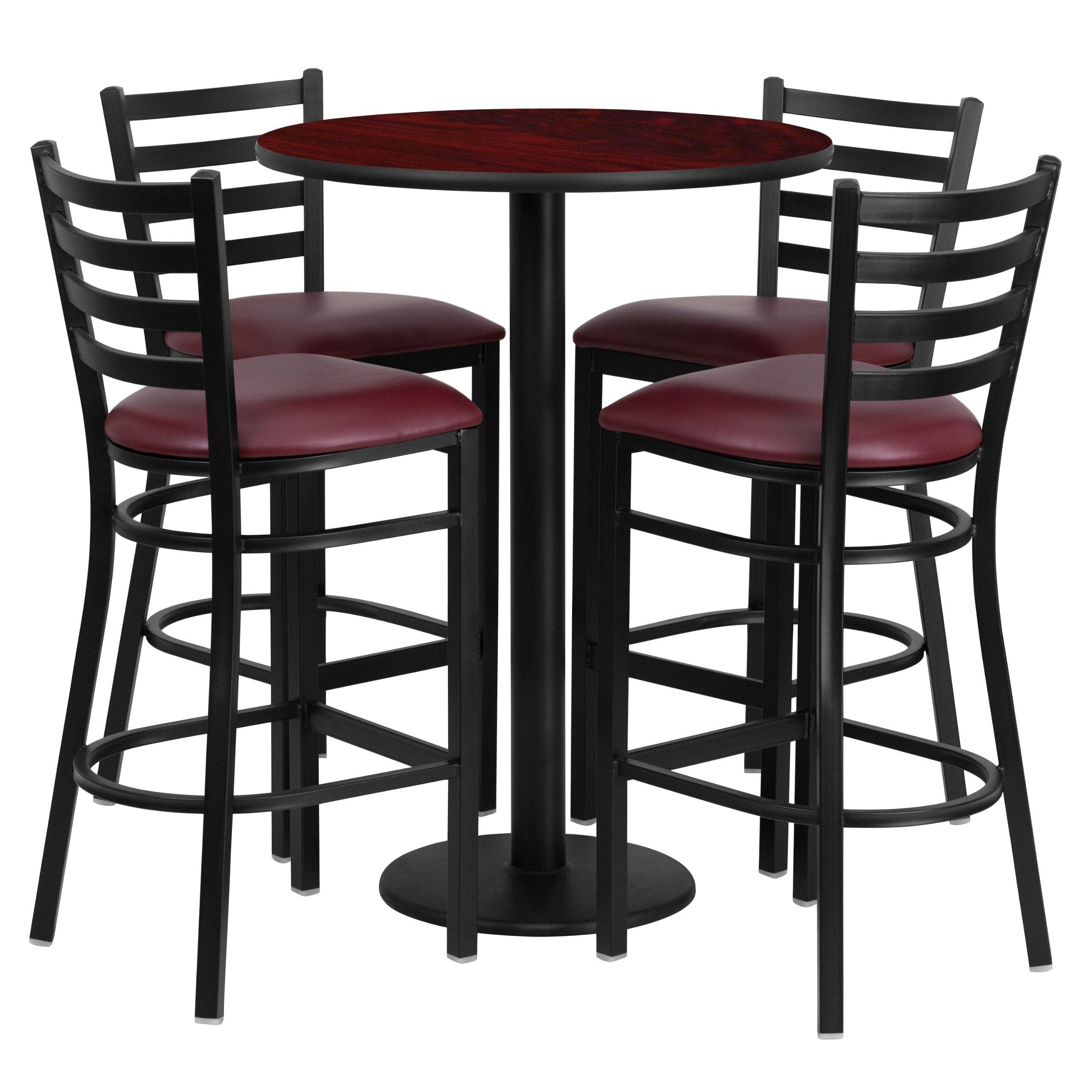 Flash Furniture Jamie 30'' Round Mahogany Laminate Table Set With Round Base And 4 Ladder Back Metal Barstools - Burgundy Vinyl Seat
