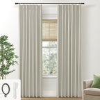Shineland 2 Panels Beige 102 Inch Length Pinch Pleated Linen 100% Blackout Curtains With Hooks