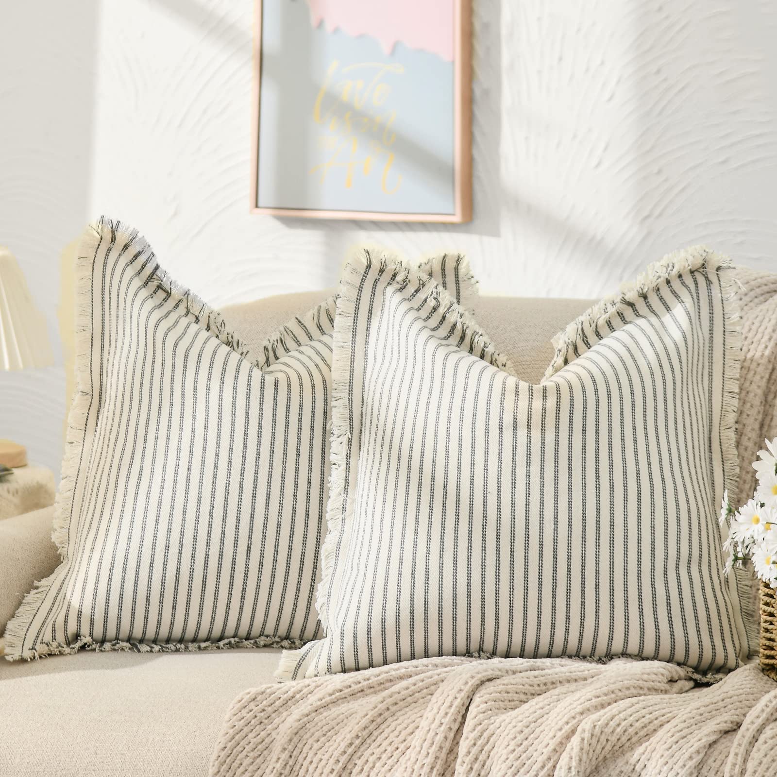 Zwjd Throw Pillow Covers 18X18 Set Of 2 Striped Pillow Covers With Fringe Chic Cotton Decorative Pillows Square Cushion Covers F