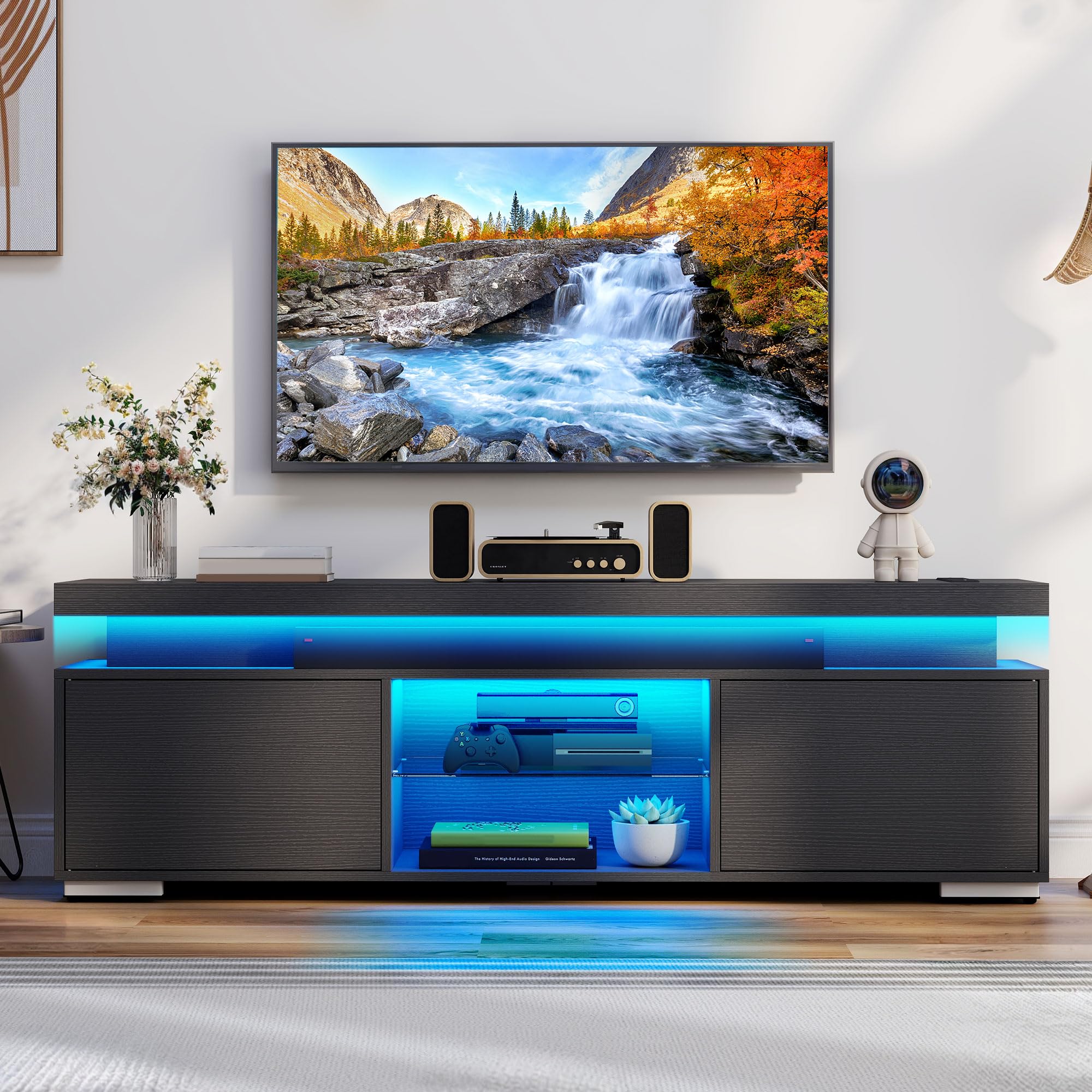 DWVO Black TV Stand with LED Lights and Power Outlet, Modern Entertainment Center for 65/60/55 Inch TV, Media Console Table TV C