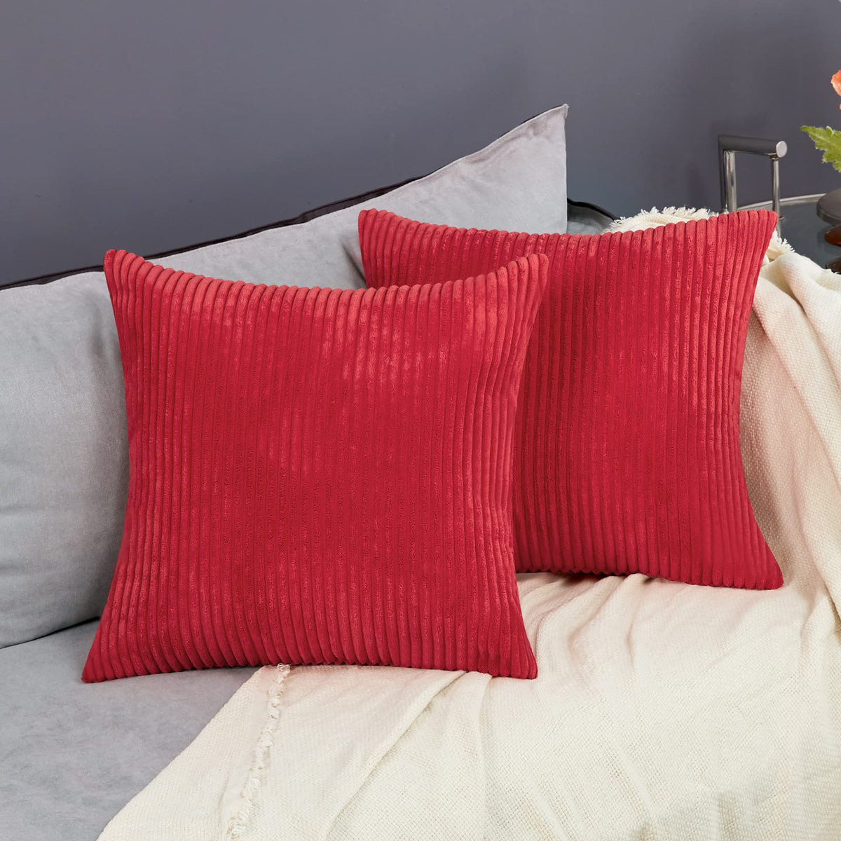 Deconovo Pillow Covers 18X18, Throw Pillow Covers With Stripe Pattern, 18X18 Inch, True Red, Corduroy Pillow Covers Pack 2, Cush