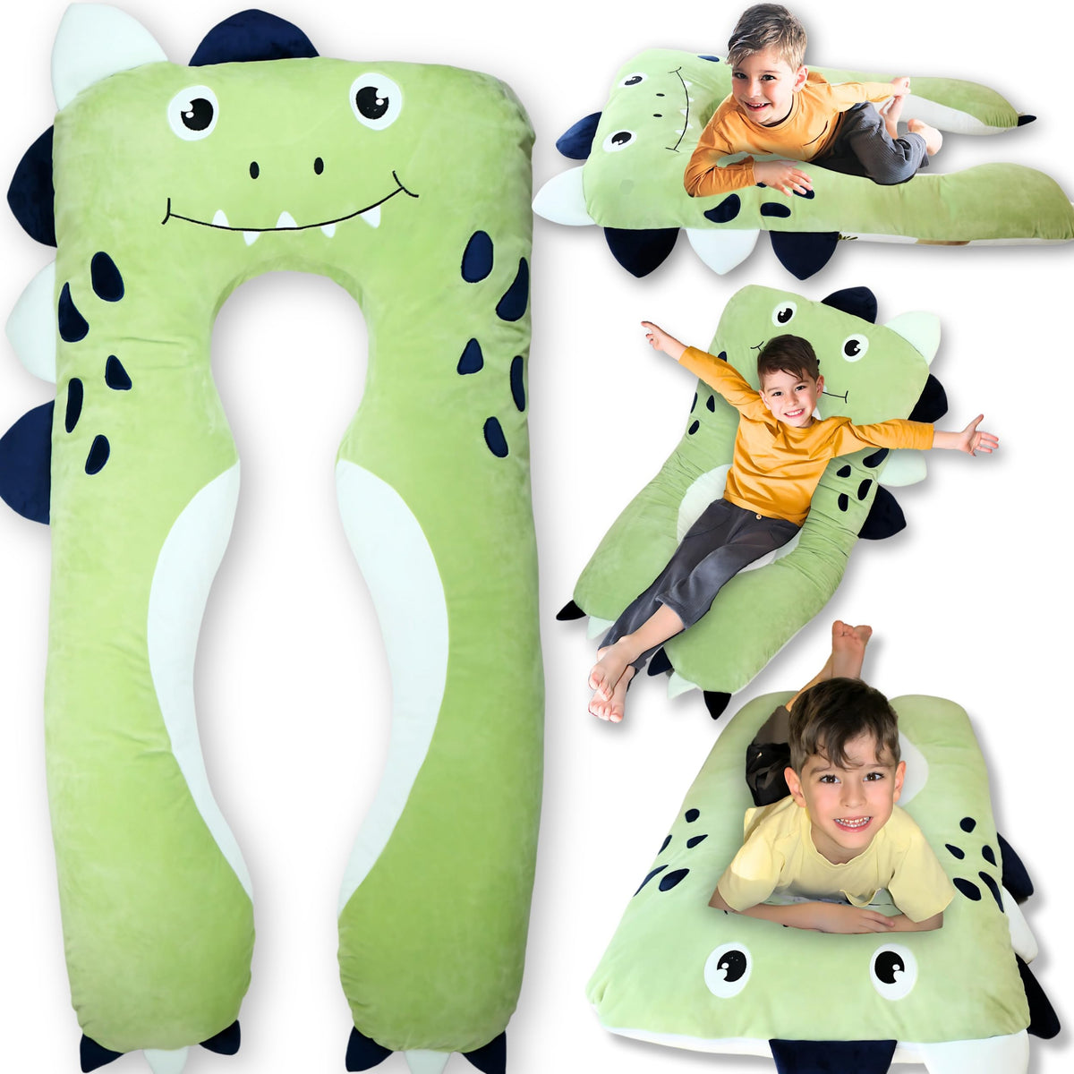 Lunamira Dino Kids Body Pillow - 47' U-Shape Long Plush Soft Animal Pillow For Kids, Sleeping, Reading, Adhd & Special Needs Co
