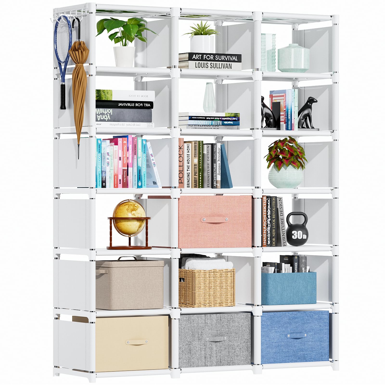Mavivegue Book Shelf, 18 Cube Storage Organizer, Diy Bookcase, Metal Cube Bookshelf, Tall Book Case For Bedroom, Living Room, Office, Closet Storage Organizer, Black Cubicle Storage Rack-White