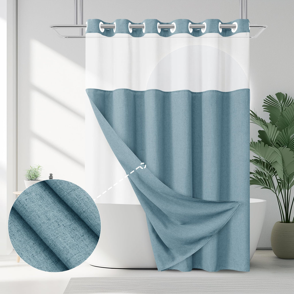 Jowels Linen No Hook Shower Curtain and Liner, Blue No Hooks Shower Curtain Set Top See Through Shower Curtain with Snap in Line