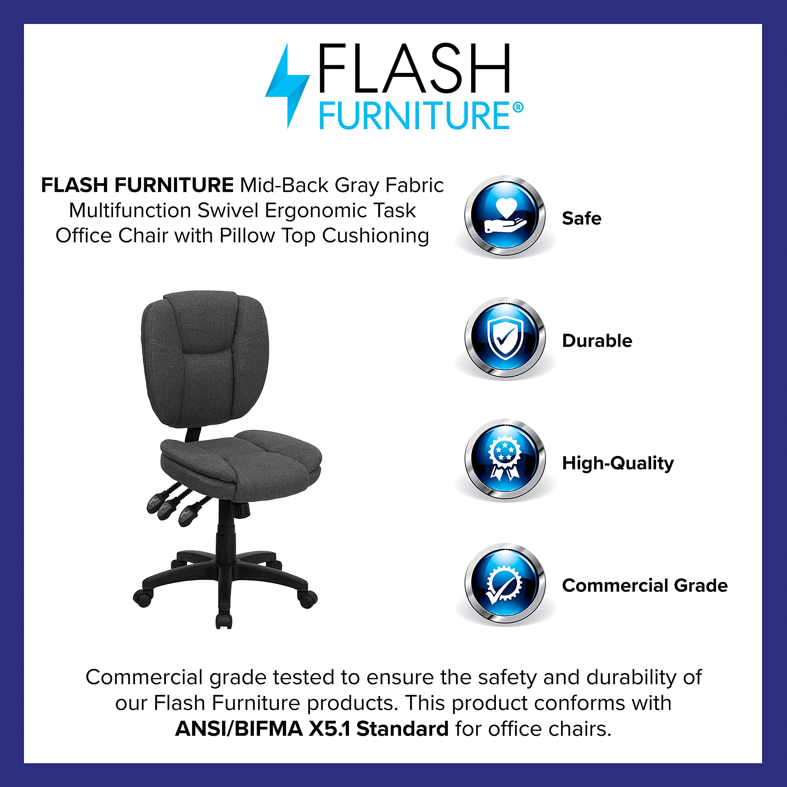 Flash Furniture Caroline Mid-Back Gray Fabric Multifunction Swivel Ergonomic Task Office Chair with Pillow Top Cushioning