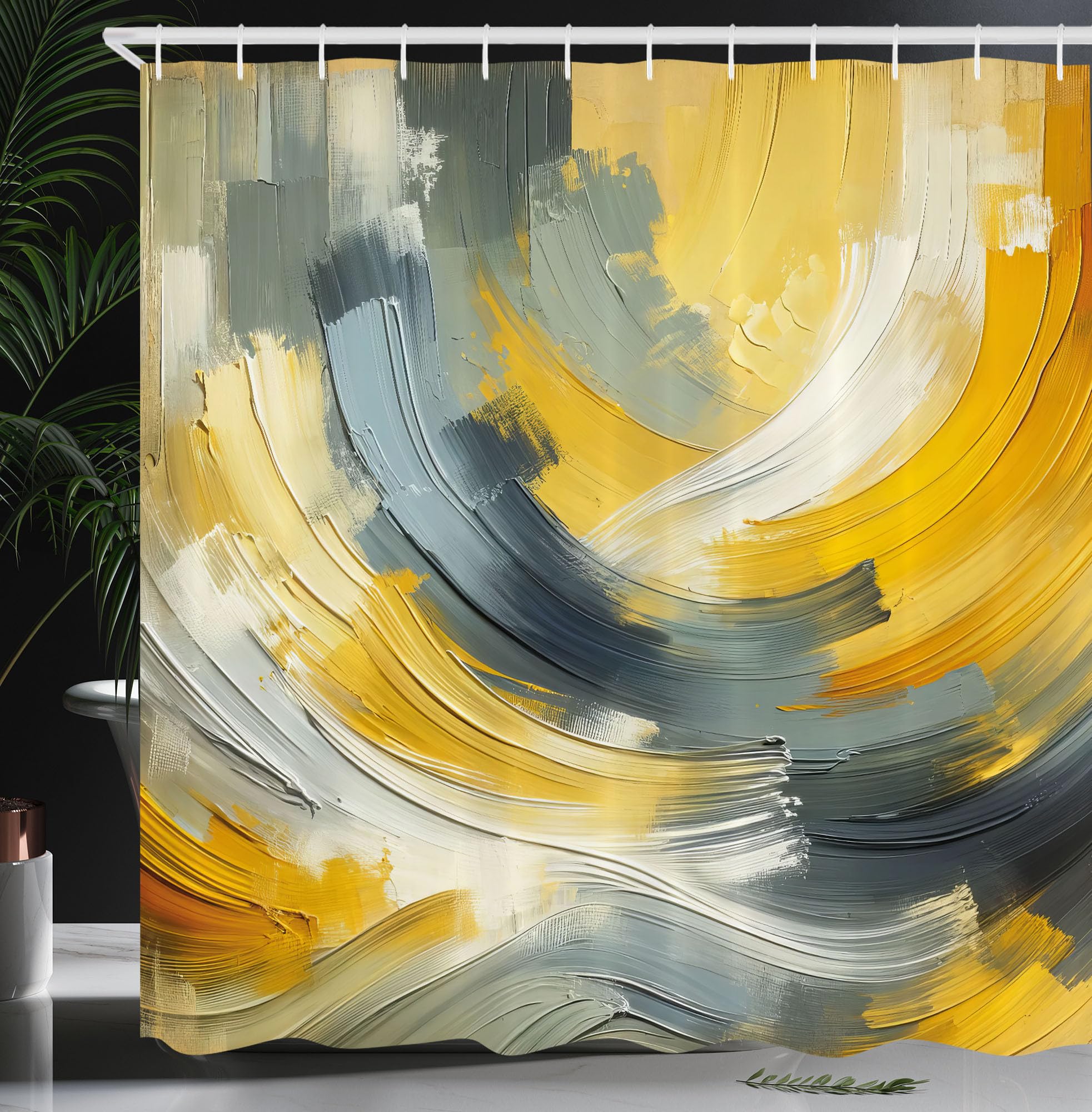 Ambesonne Yellow Shower Curtain, Contemporary Abstract Art Design Brush Strokes Look Composition Print, Cloth Fabric Bathroom De