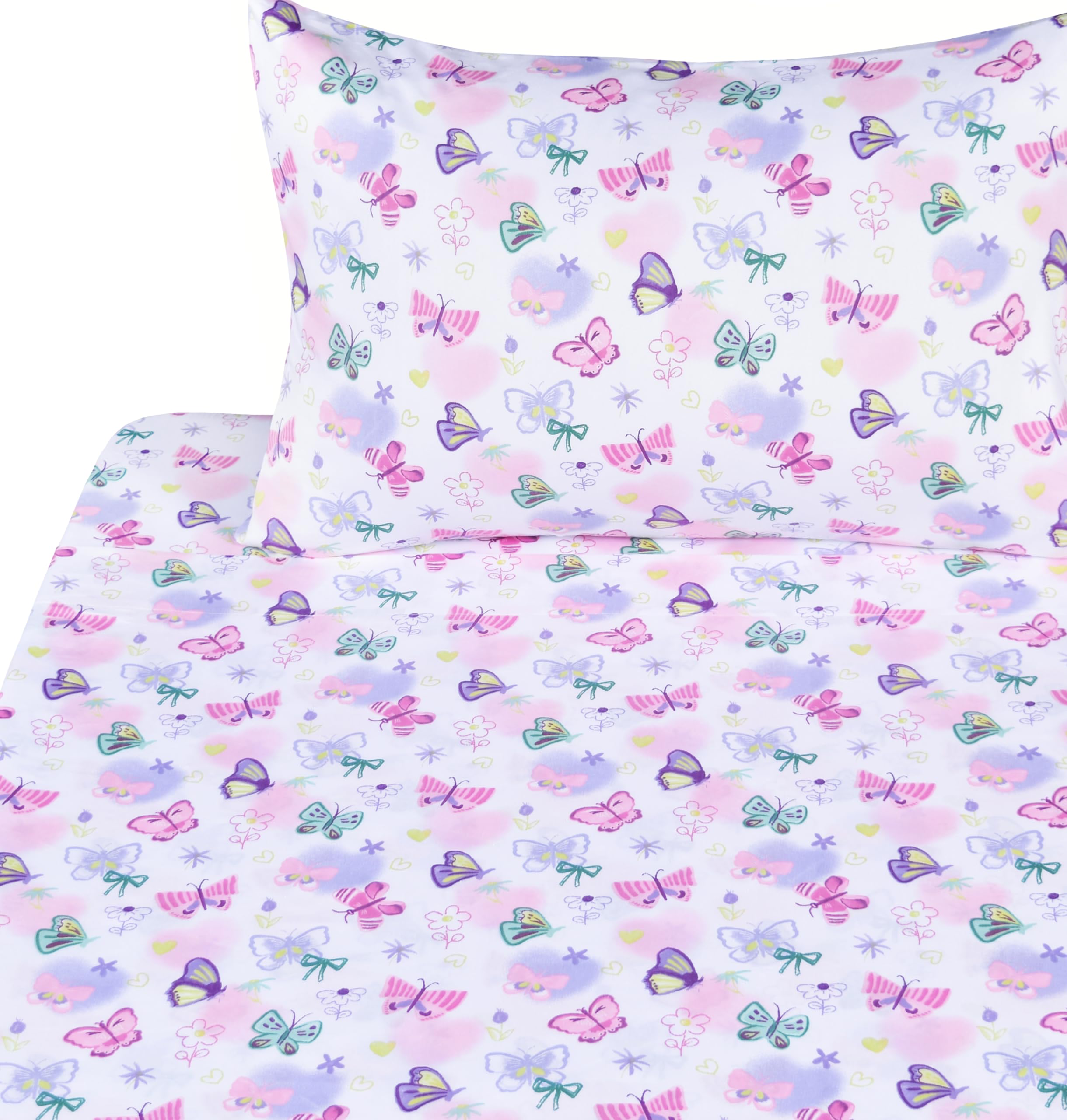 J-Pinno Butterfly In Wonderland Purple Pink Cute Twin 100% Cotton 3 Pieces Sheet Set For Kids Girls Children, Flat Sheet + Fitte