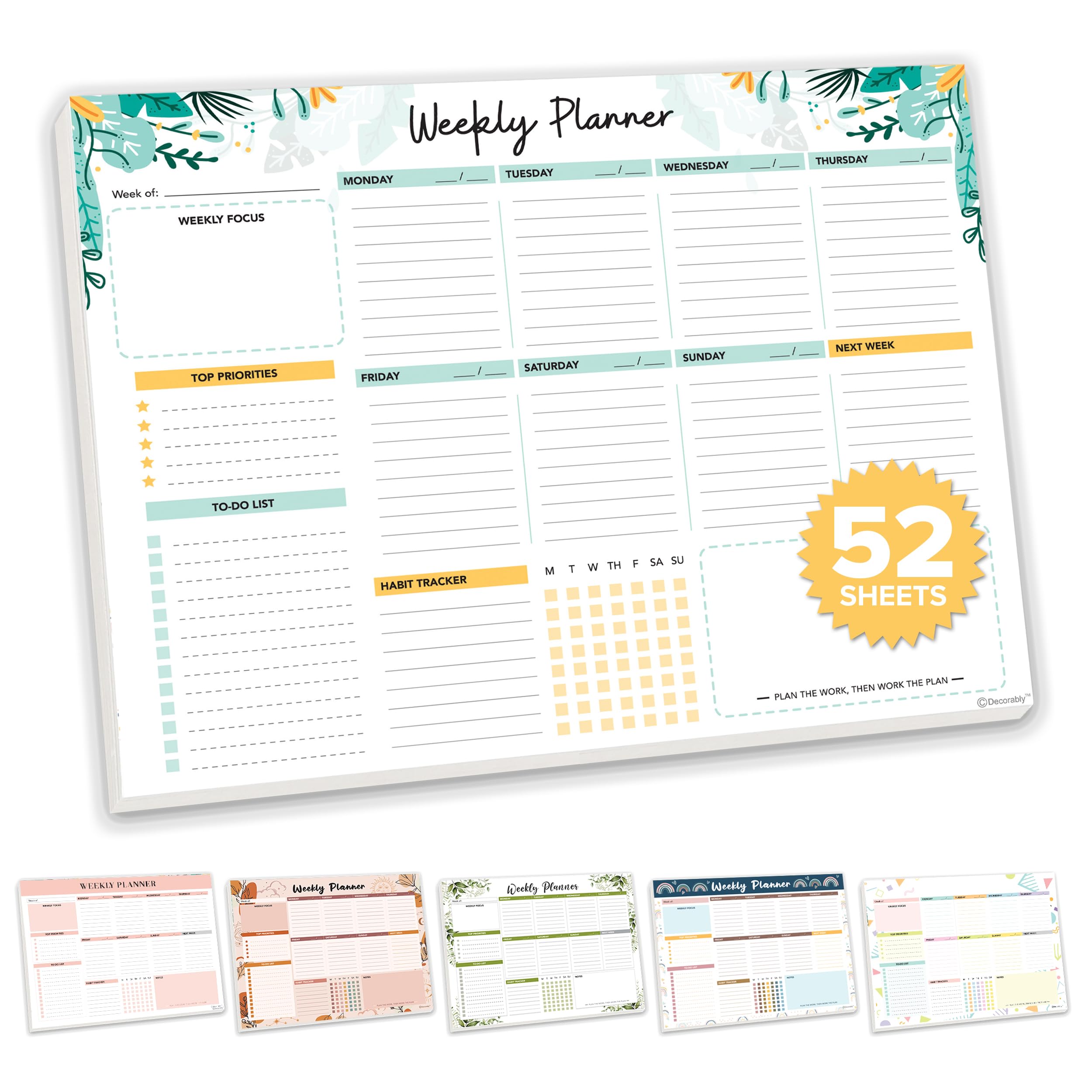 Decorably Weekly Planner Pad Landscape - Weekly Planner Notepad, 52 Easy Tear-Off Sheets Weekly To Do List Notepad, 11X8.5In Wee
