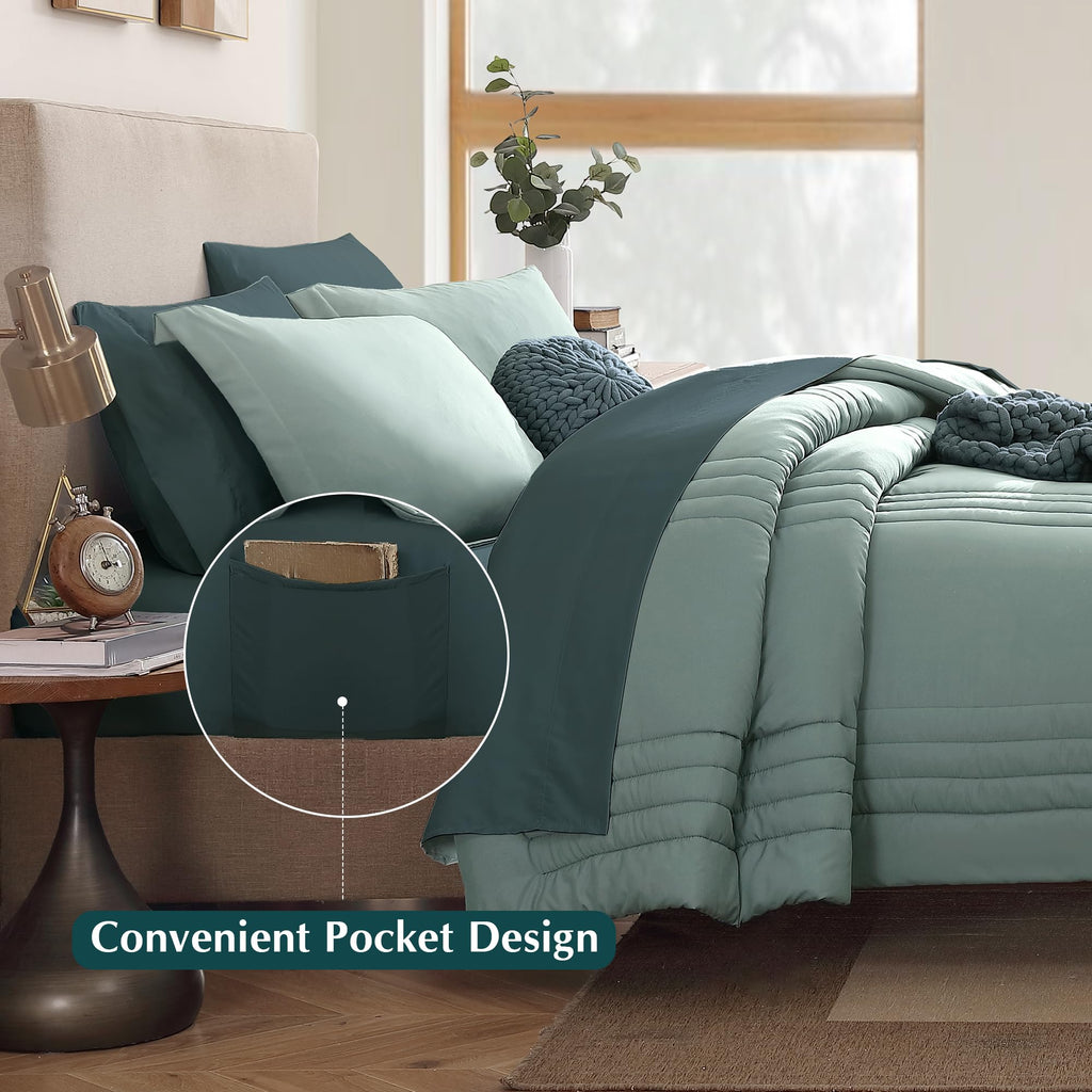 Monbix King Size Comforter Set - 7 Pieces Bed in a Bag Sage Green Down Alternative Polyester Fiber