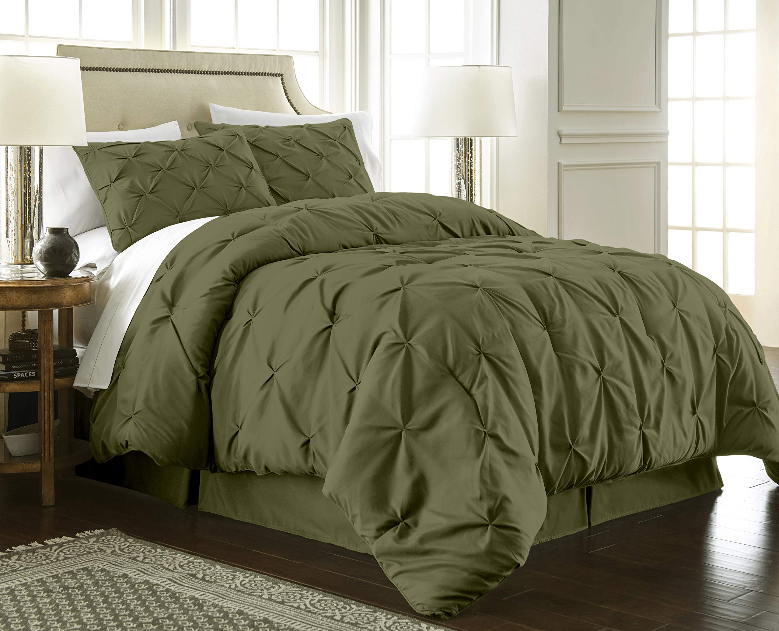Chezmoi Collection Berlin Olive Green Pinch Pleat King Comforter Set 3-Piece (1 Comforter And 2 Pillow Shams) Soft Pintuck Light