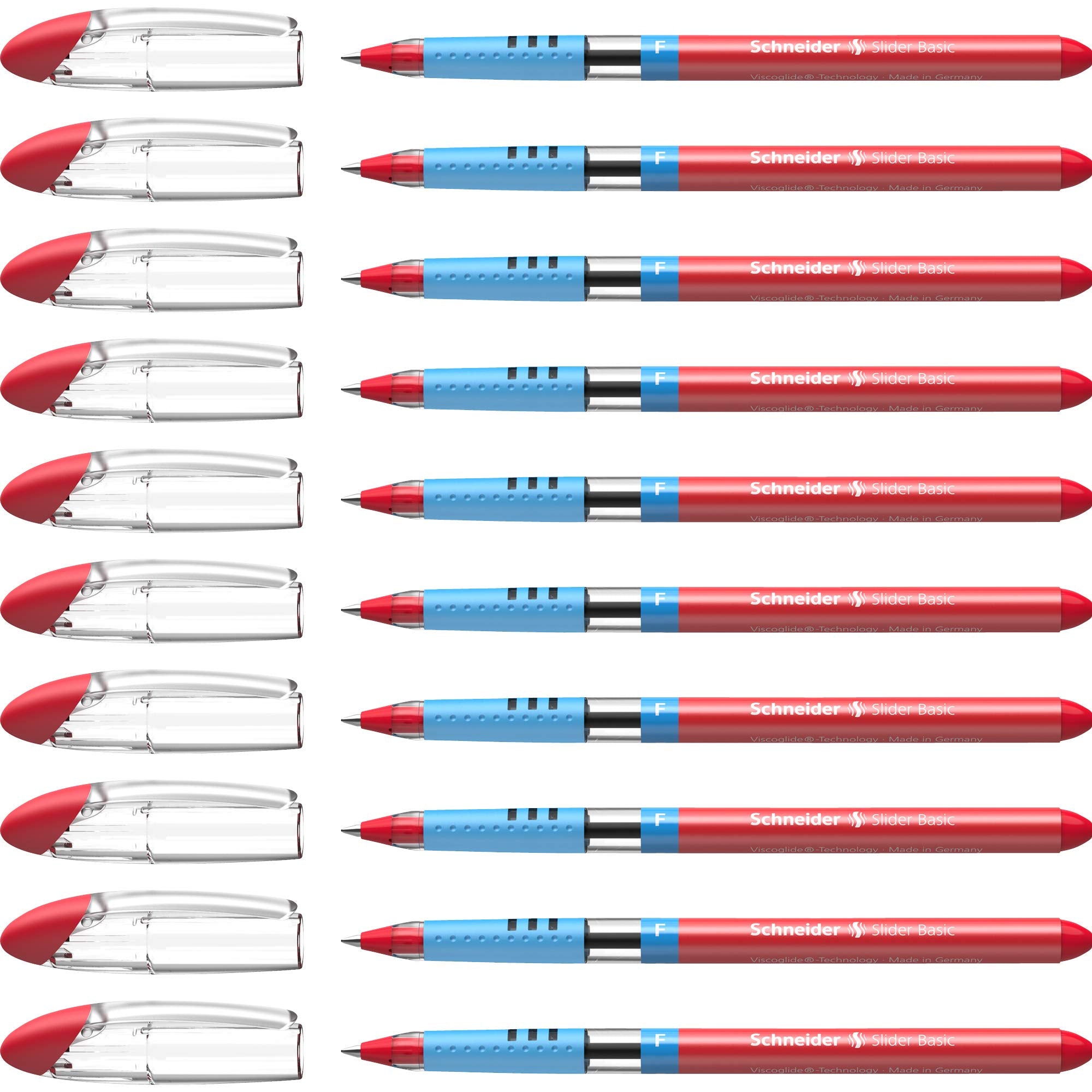 Schneider Slider Basic F (Fine) Ballpoint Pen, 0.7 Mm, Transparent Barrel, Red Ink, Box Of 10 Pens (151002)