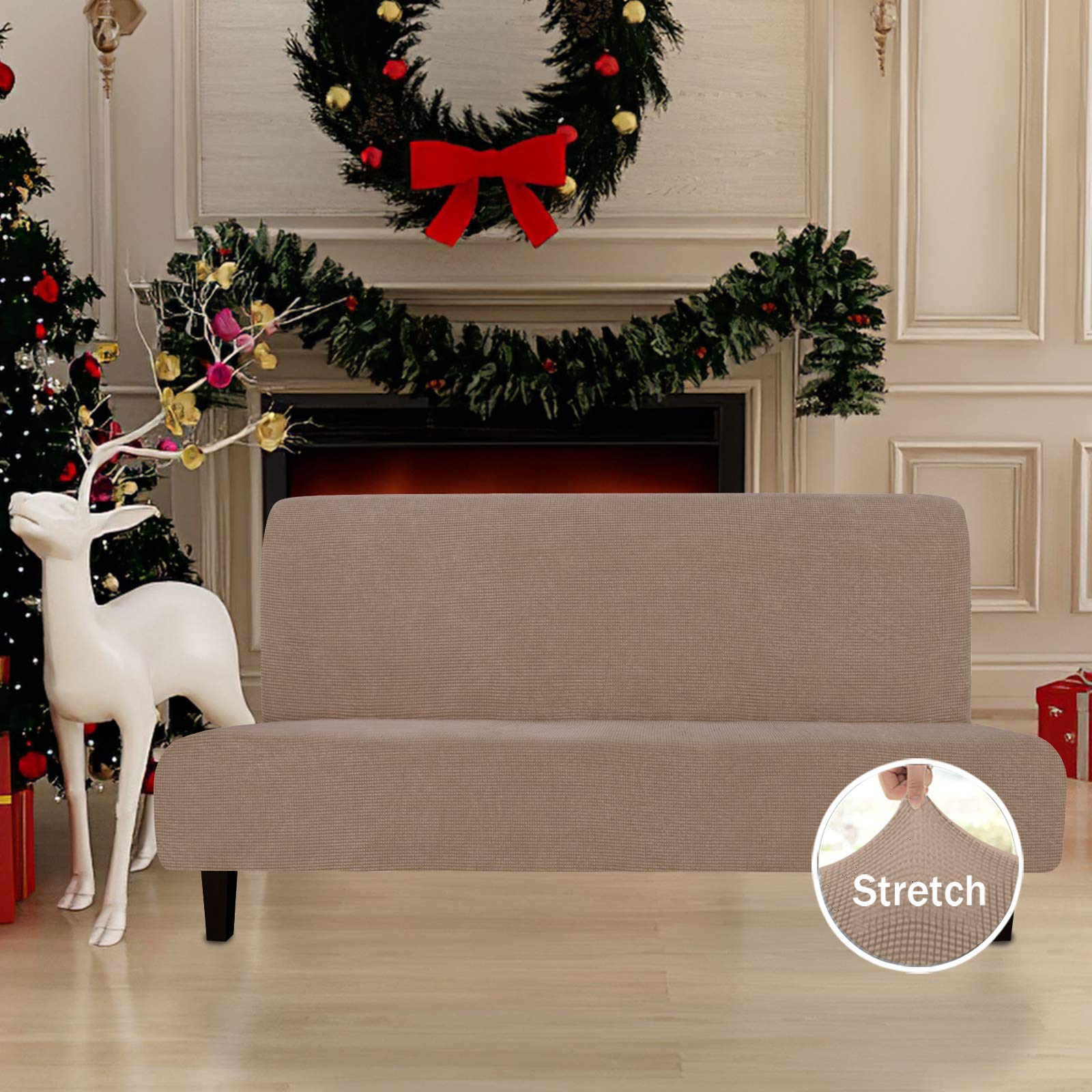 Easy-Going Stretch Futon Slipcover Armless Sofa Cover Furniture Protector Without Armrests Slipcover Soft With Elastic Bottom For Kids, Spandex Jacquard Fabric Small Checks(Futon,Camel)