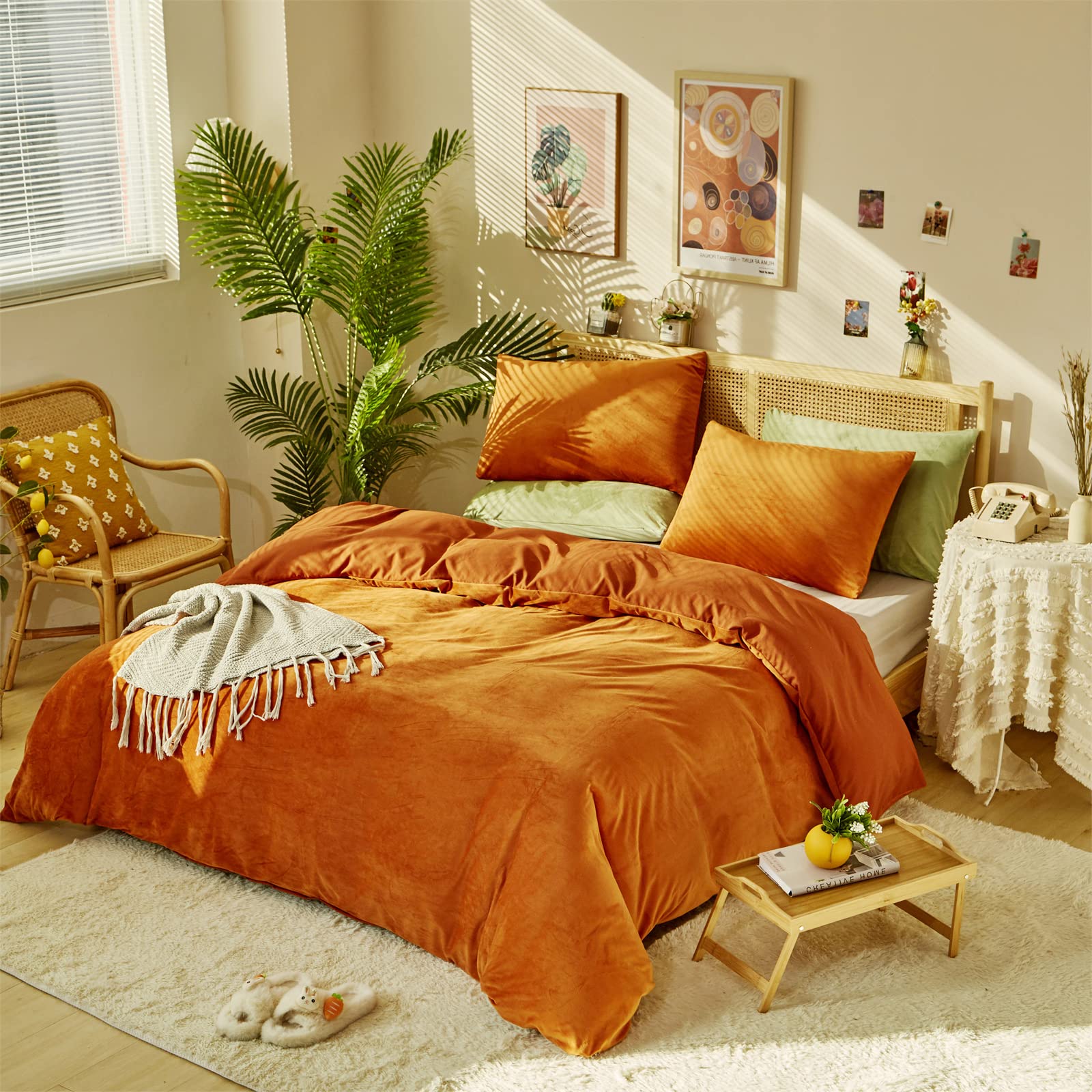 Karever Burnt Orange Color Velvet Comforter Set Cal King Solid Rust Color Flannel Velvet Bedding Comforter Set All Caramel Colou