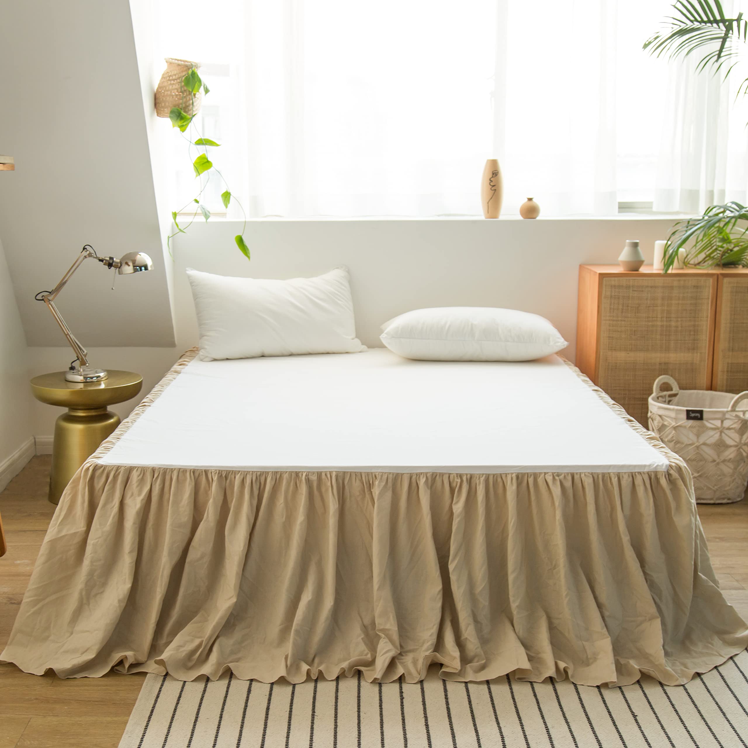 Biselina French Linen Bed Skirt With Pleated Frills 18-Inch Tailored Drop Natural Flax Cotton Blend Dust Ruffle Soft Cozy Farmho