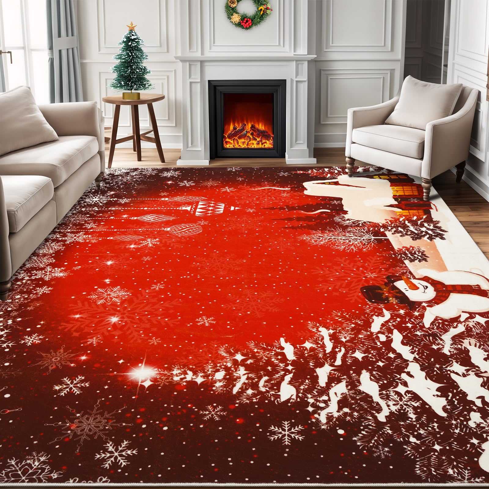 FRAMICS Christmas 5x7 Area Rug, Red Snowman Christmas Rugs for Living Room Washable, Bedroom Throw Rugs Non Slip, Soft Low Pile 