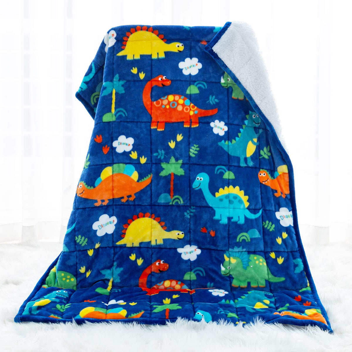 Sivio Sherpa Fleece Weighted Blanket, 7Lbs Blue Dinosaur, Ultra Soft And Cozy Heavy Blanket, 41X60 Inch