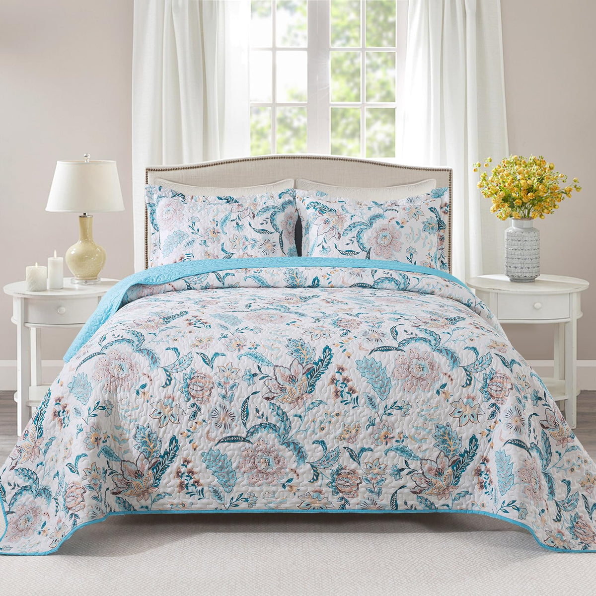 Vaputar Garden Queen Size Bedspread For Adults - Floral Quilt Queen Size Bedding Set (90 X 98 Inch) With 2 Pillow Shams - Lightw