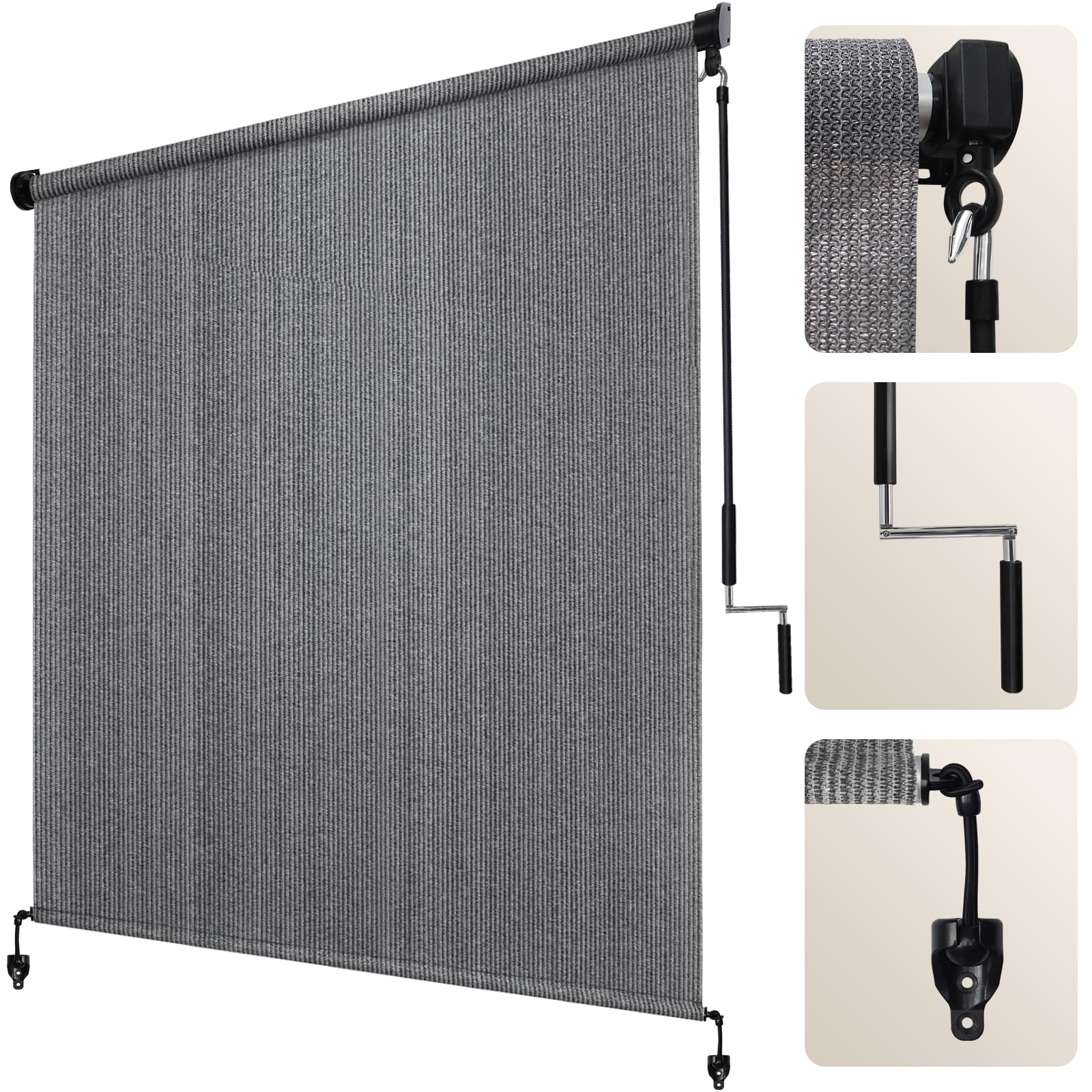 Artpuch Outdoor Roller Shade 8' W X 8' H Fabric Blind Gray Cordless Roll Up Shade, Wand Operation Exterior Roller Shades Cloth F