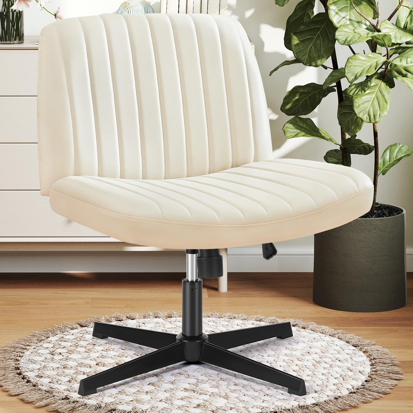 DUMOS Criss Cross Chair No Wheels Wide Cross Legged Office Desk Vanity Chair Comfy Fabric Armless Adjustable Swivel for Home Computer Task (Beige) - Thumbnail 4