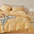 Warmdern Duvet Cover Set King Size, 3Pcs Washed Microfiber Mustard Yellow Bedding Set, Soft Breathable Striped Textured Seersuck