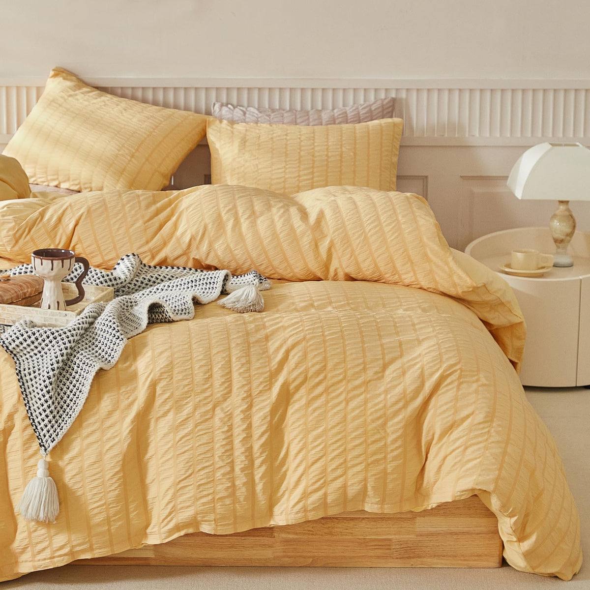 Warmdern Duvet Cover Set King Size, 3Pcs Washed Microfiber Mustard Yellow Bedding Set, Soft Breathable Striped Textured Seersuck