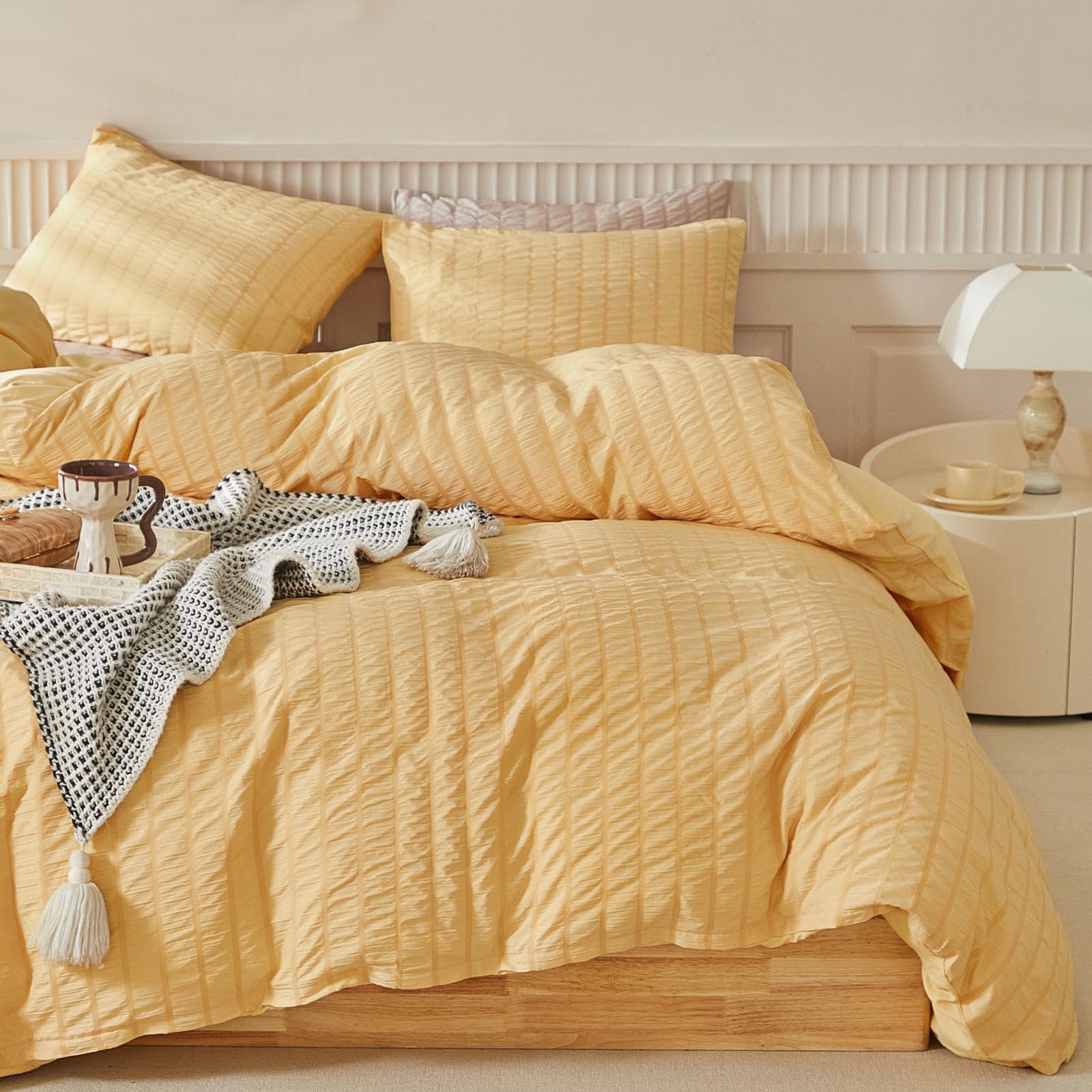 Warmdern Duvet Cover Set King Size, 3Pcs Washed Microfiber Mustard Yellow Bedding Set, Soft Breathable Striped Textured Seersuck