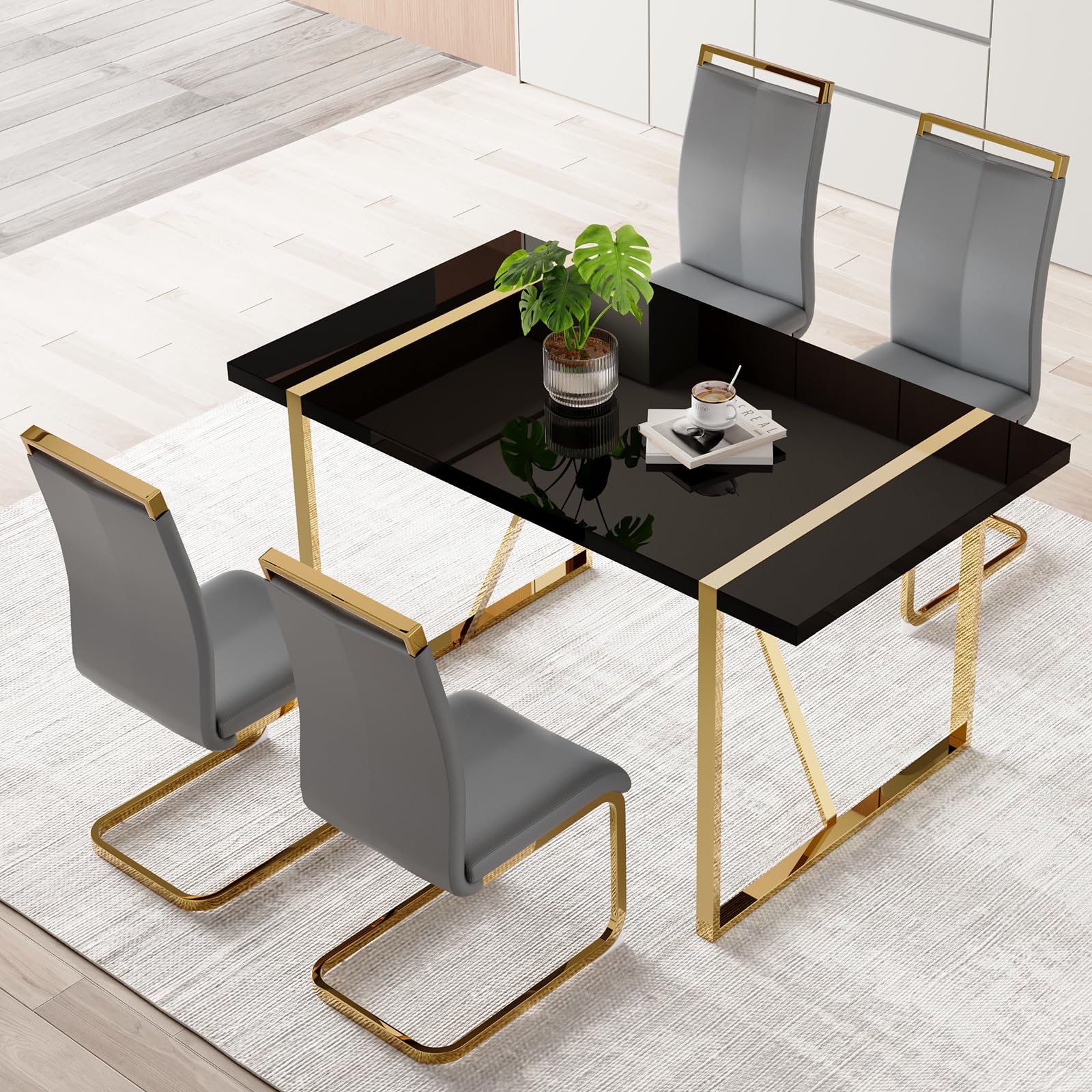 Ebullient 5-Piece Modern Rectangular Black Dining Table Set With Pu Leather Chairs And Metal Frame For Kitchen