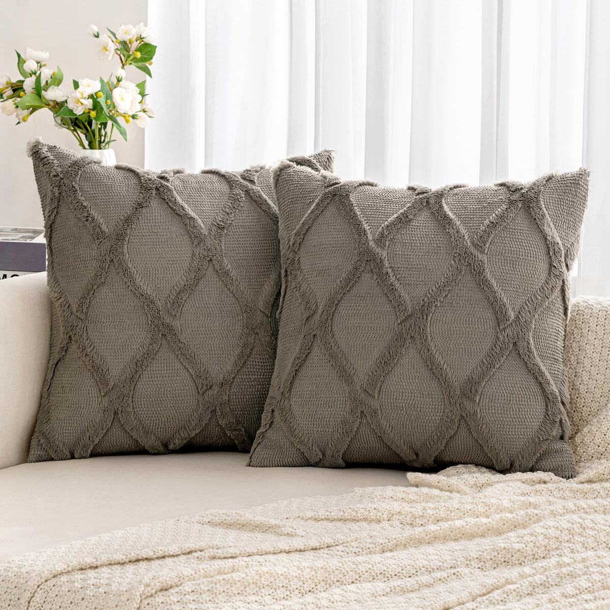 Miulee Dark Grey Decorative Throw Pillow Covers 20X20 Inch Set Of 2, Soft Plush Faux Wool Couch Pillow Covers Farmhouse Throw Pi
