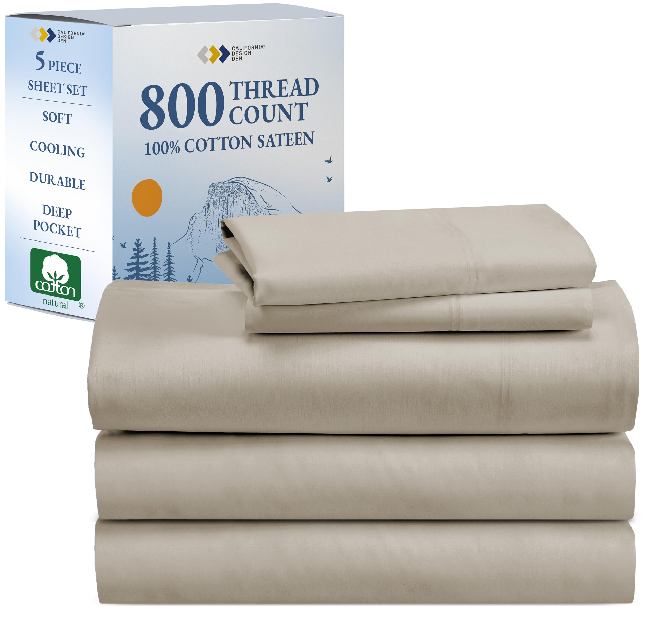 California Design Den Split King Sheet Set - Luxury 800 Thread Count, 100% Cotton Sateen, Bedding Set With Deep Pockets, Cooling & Softer Than Egyptian Cotton Sheets (Beige)