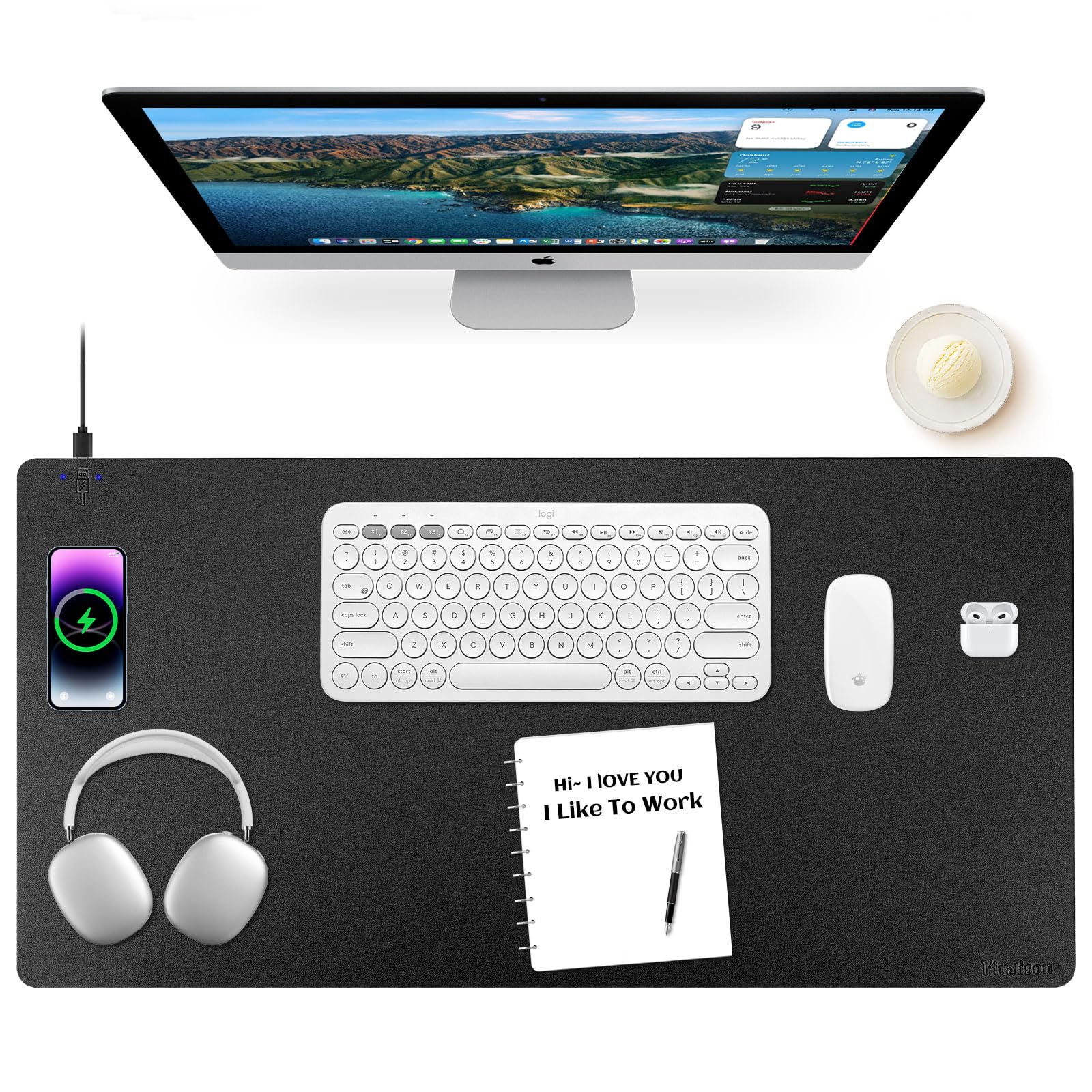 Wireless Charging Mouse Pad Firelison 2 In 1 Leather Multifunctional Office Desk Pad With Non-Slip Rubber Base, Waterproof Desk