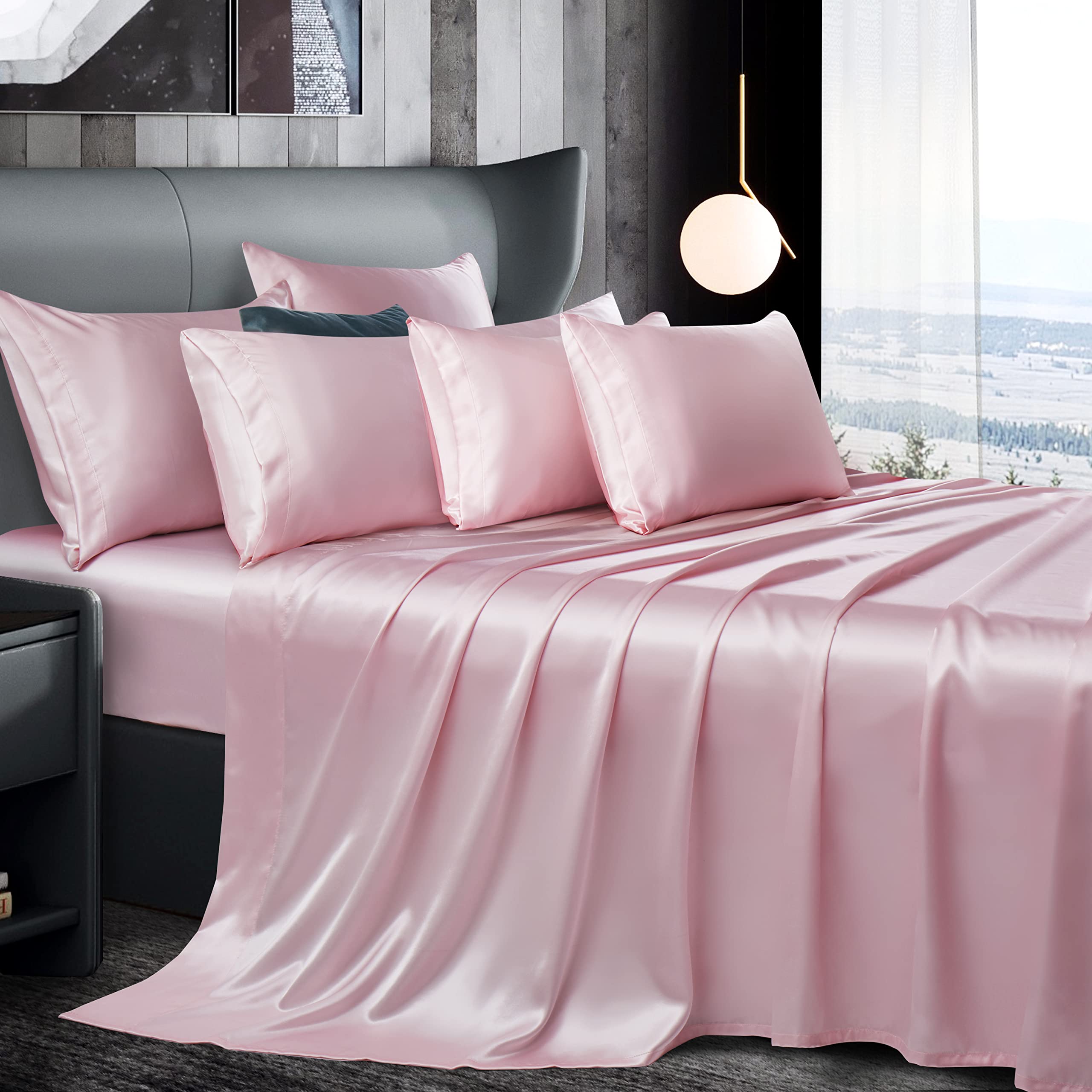 Manyshofu 7Pcs Light Pink Satin Sheets Queen Size Silky Satin Bed Sheets Set, Luxurious & Soft Satin Bedding Set - 1 Satin Fitte