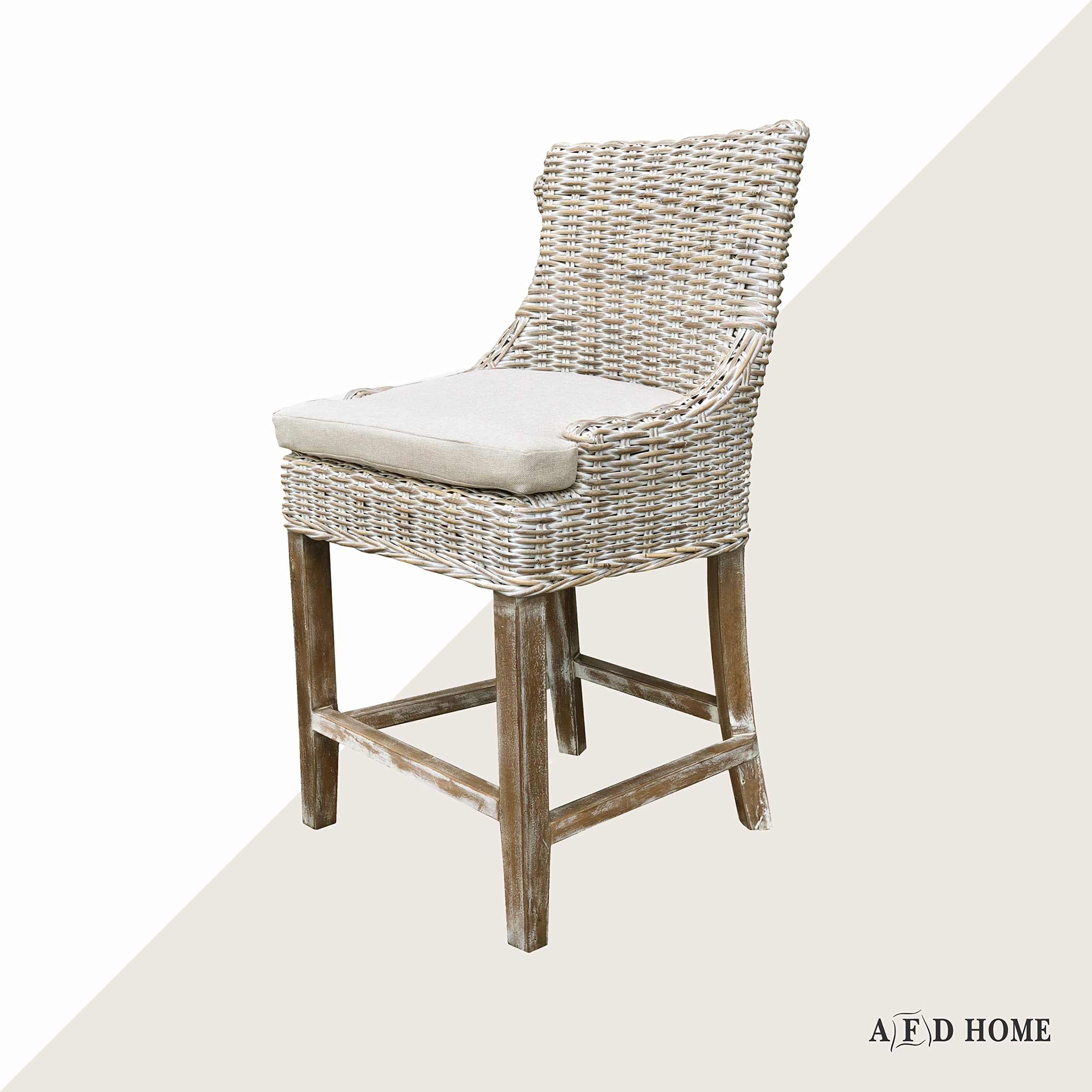 AFD Home Alfresco Kuba-Weave Counter Stool, Wooden Stool, Kitchen Counter Stool, 23 Inch Seat Height, Off White