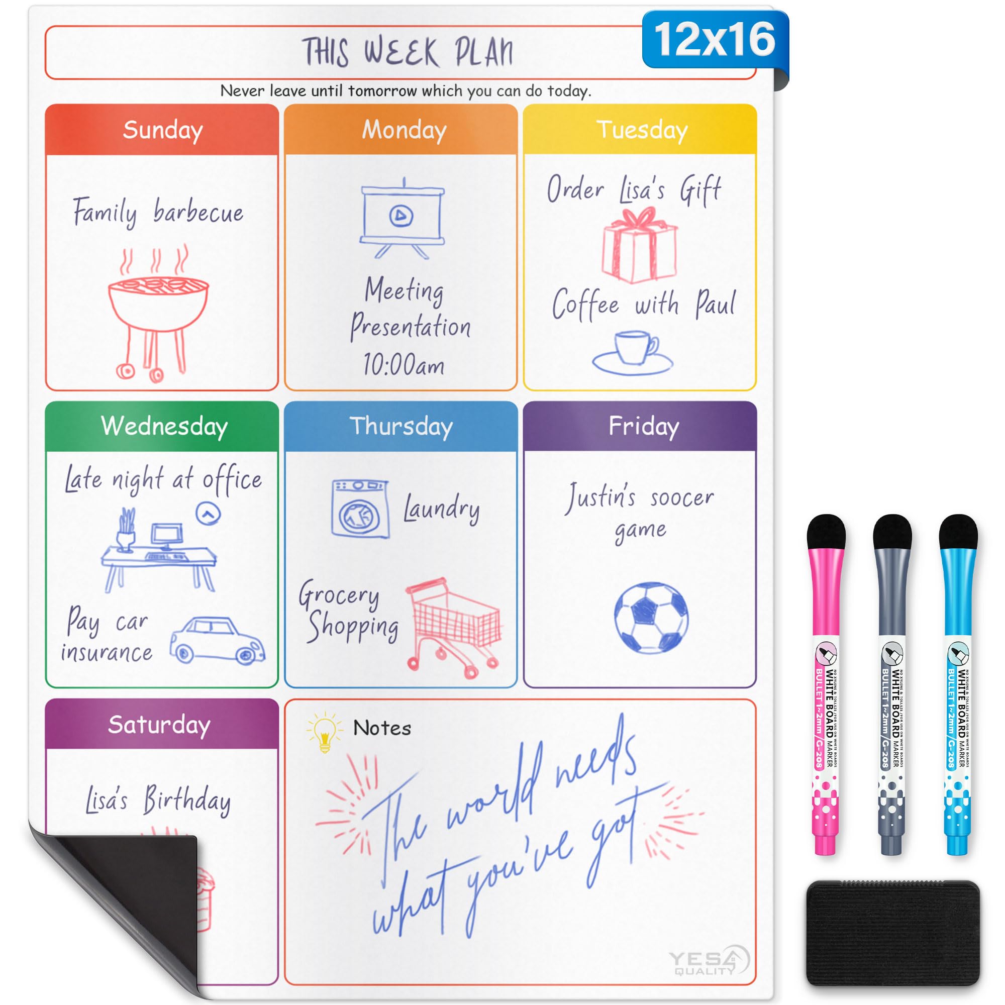 Magnetic Dry Erase Whiteboard Calendar For Fridge (16 X 12   ), Refrigerator White Board Sheet W/ 3 Colorful Markers & Eraser, W