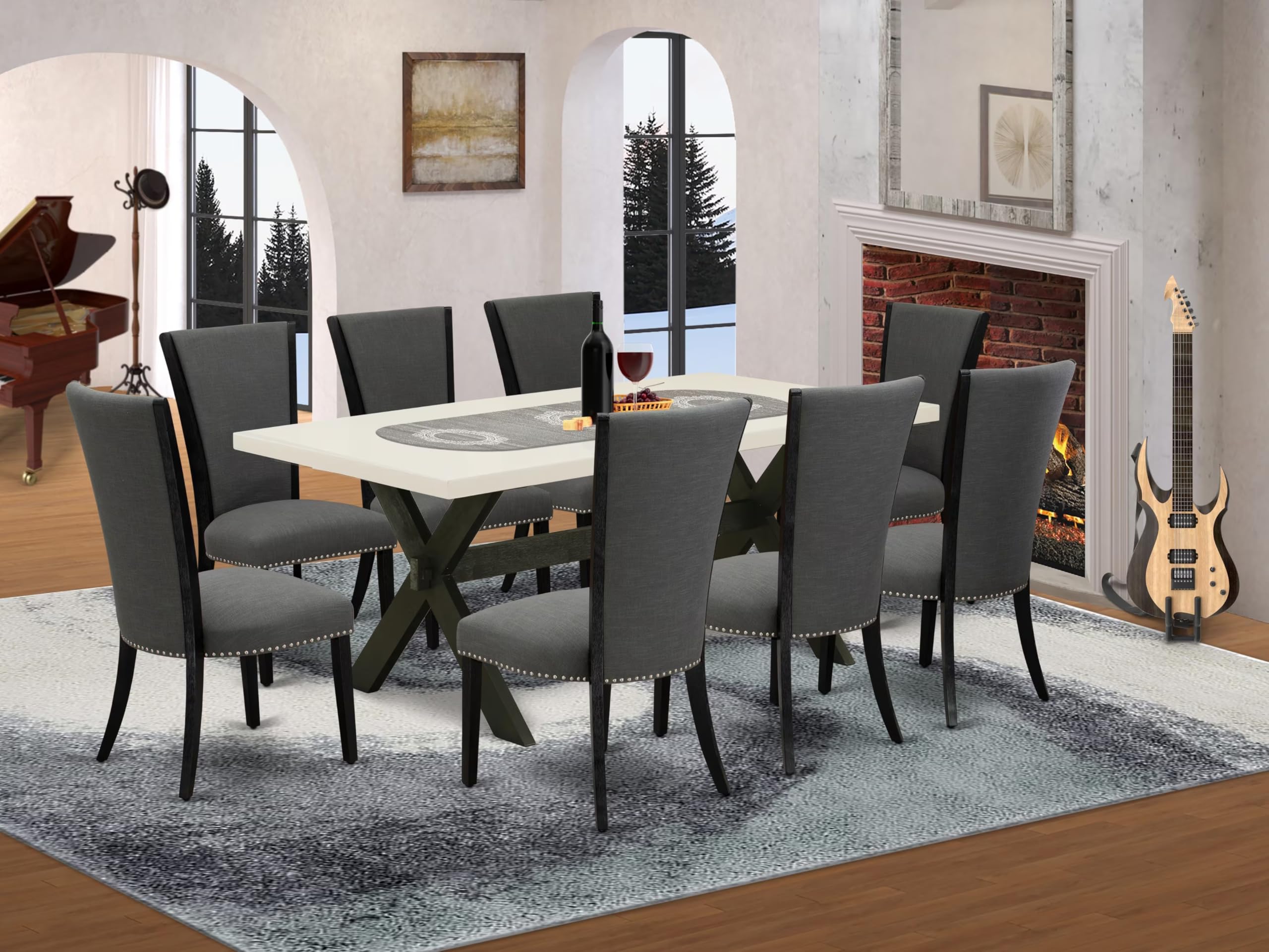 East West Furniture X627Ve650-9 9 Piece Dining Room Table Set Includes A Rectangle Dining Table With X-Legs And 8 Dark Gotham Linen Fabric Upholstered Chairs, 40X72 Inch, Multi-Color