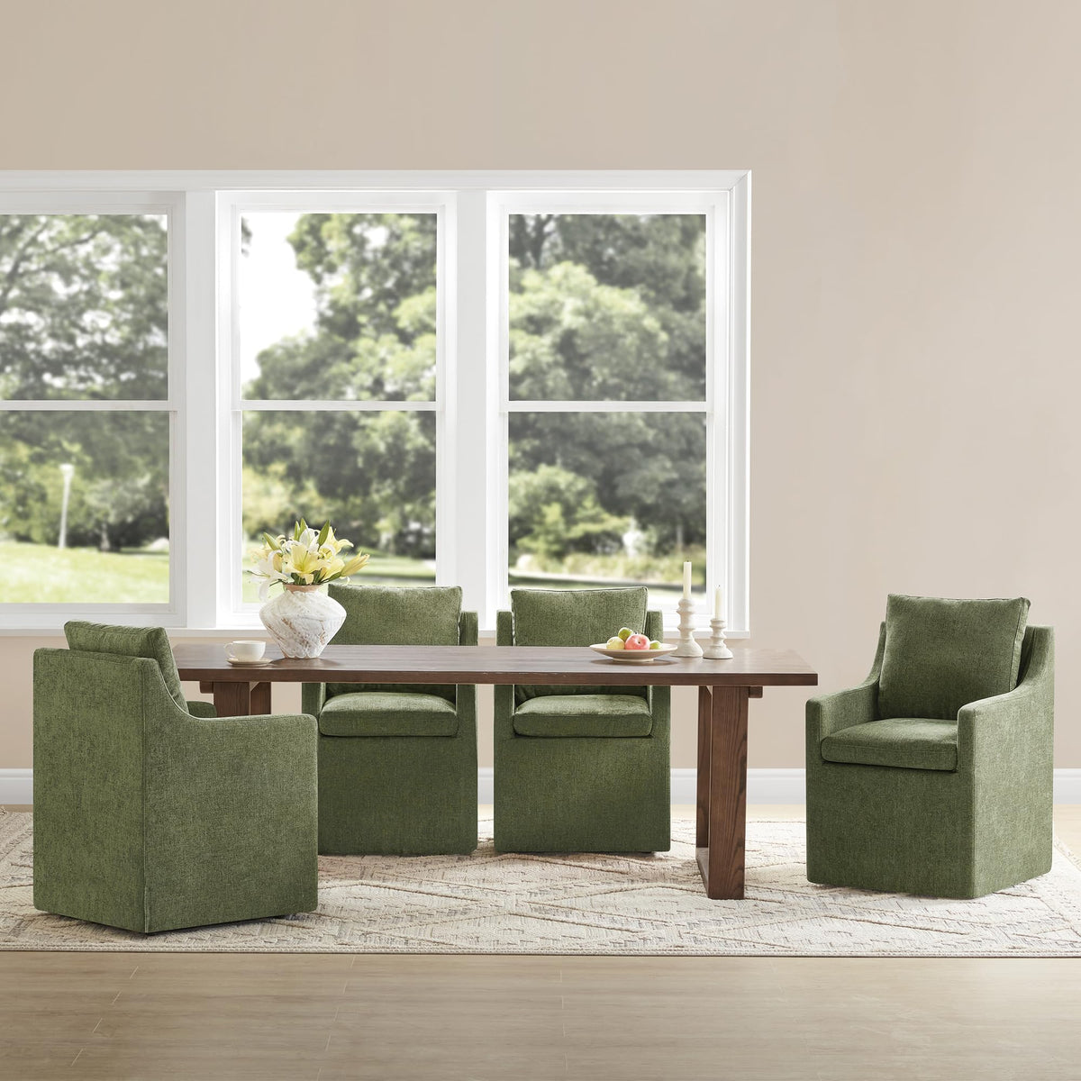 Kislot Upholstered Dining Chair With Casters Easy Assembly Side Deskchair With Rollers For Diningroom Living Room,Green,4 Box