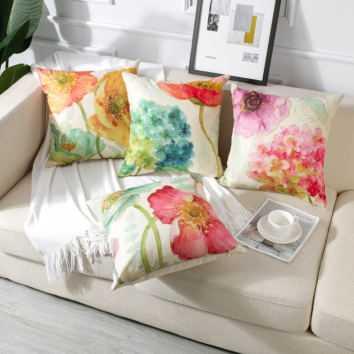 Artscope Set Of 4 Waterproof Throw Pillow Covers 16X16 Inches, Hydrangea And Lotus Pattern Decorative Cushion Covers, Perfect To Outdoor Patio Garden Living Room Sofa Farmhouse Decor