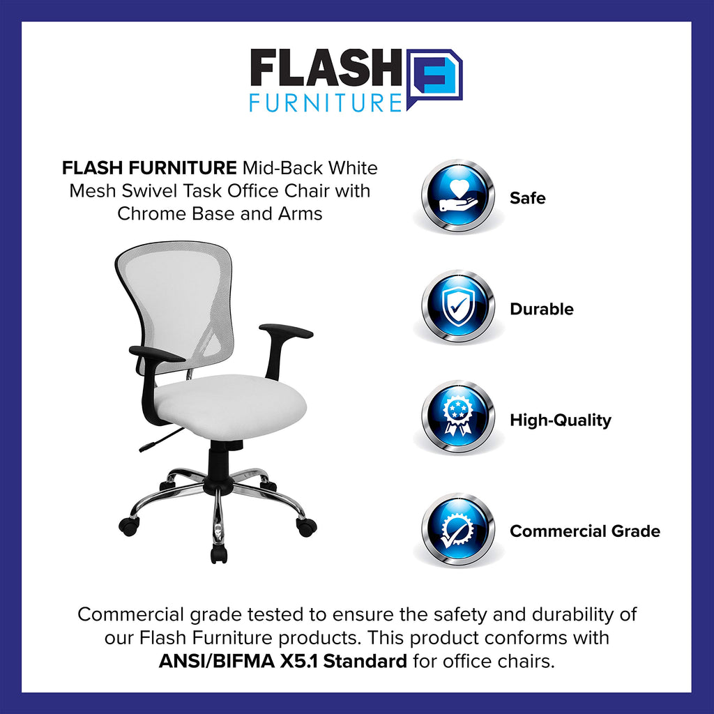 Flash Furniture Alfred Mid-Back White Mesh Swivel Task Office Chair with Chrome Base and Arms