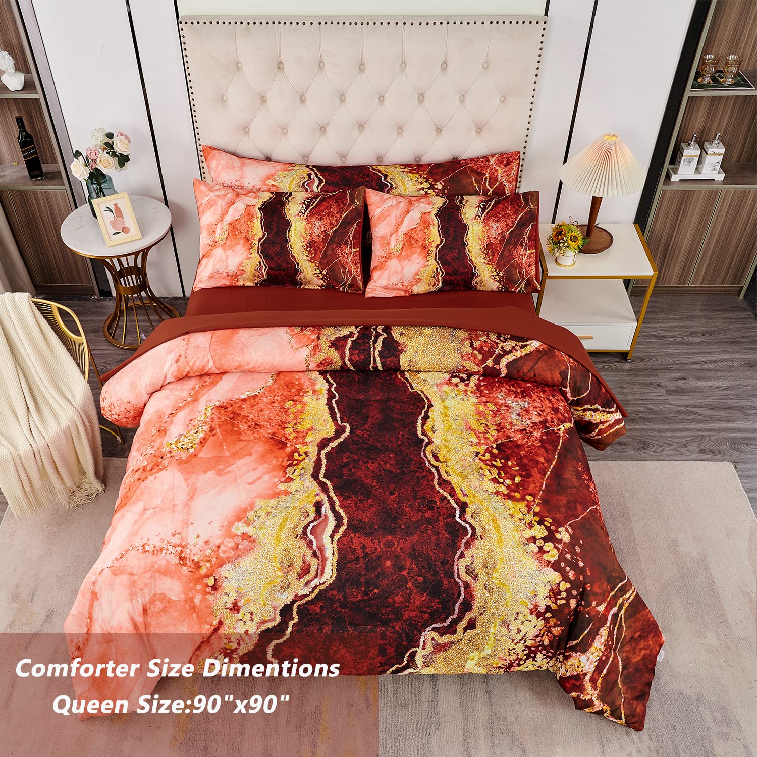 Perfemet 6 Pcs Comforter Set Queen Size Orange Watercolor Mable Printed Bedding With Comforter And Sheets Aesthetic Artwork Styl