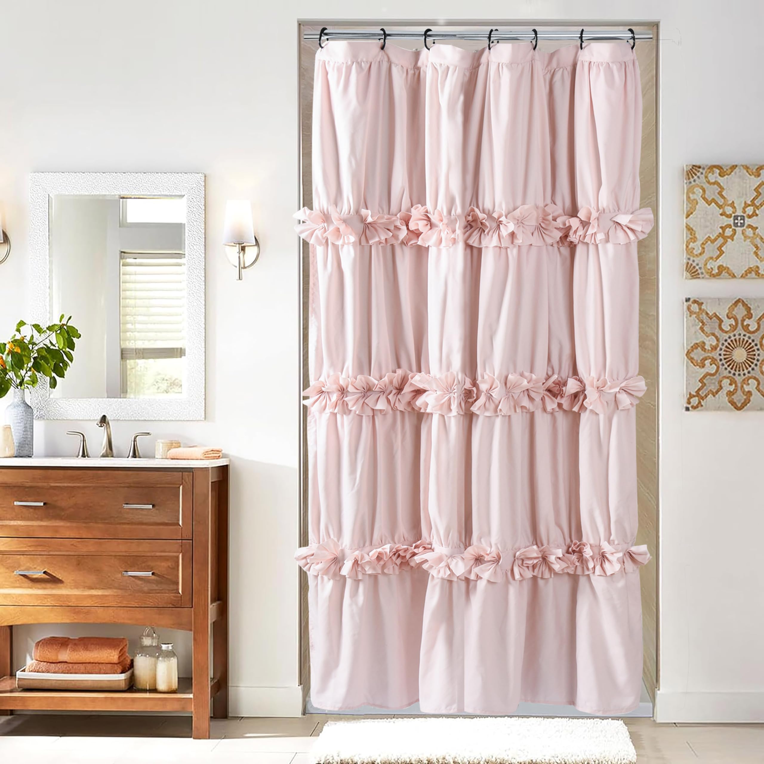 Homechoice Decor Peach Small Stall Ruffle Shower Curtain 36' W X 72' H, Vintage Handcrafted Bow Tie Bath Curtain For Master Ba