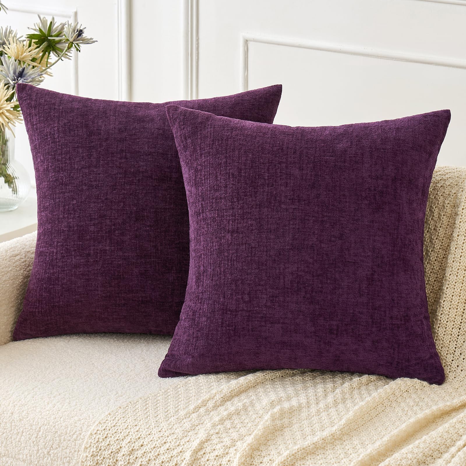 Miulee Pack Of 2 Couch Throw Pillow Covers 18X18 Inch Soft Plum Purple Chenille Pillow Covers For Sofa Living Room Solid Dyed Pi