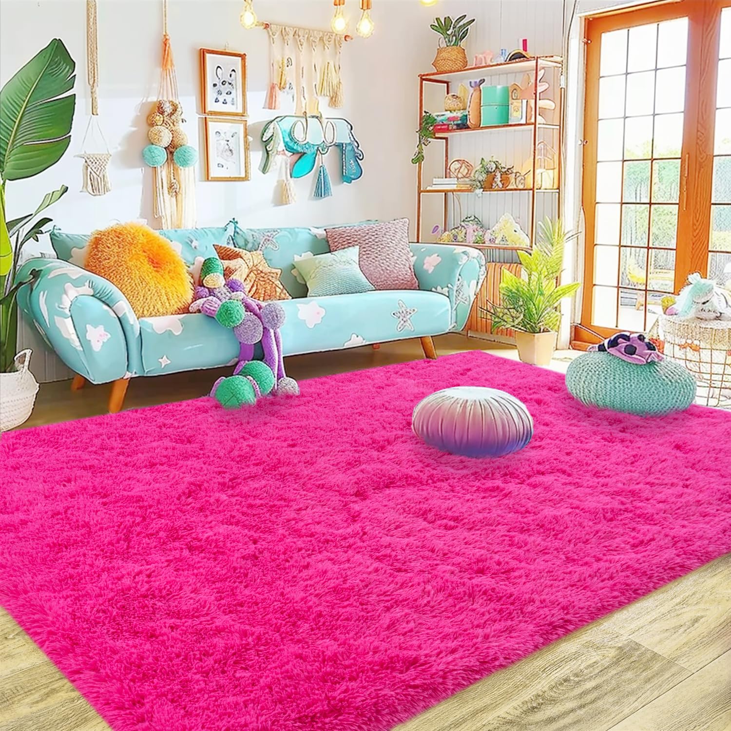 Ultra Soft Fluffy Hot Pink Rugs for Bedroom 4x6 Feet, Fluffy Shag Area Rugs for Living Room, Comfy Furry Rug for Girls Kids Baby