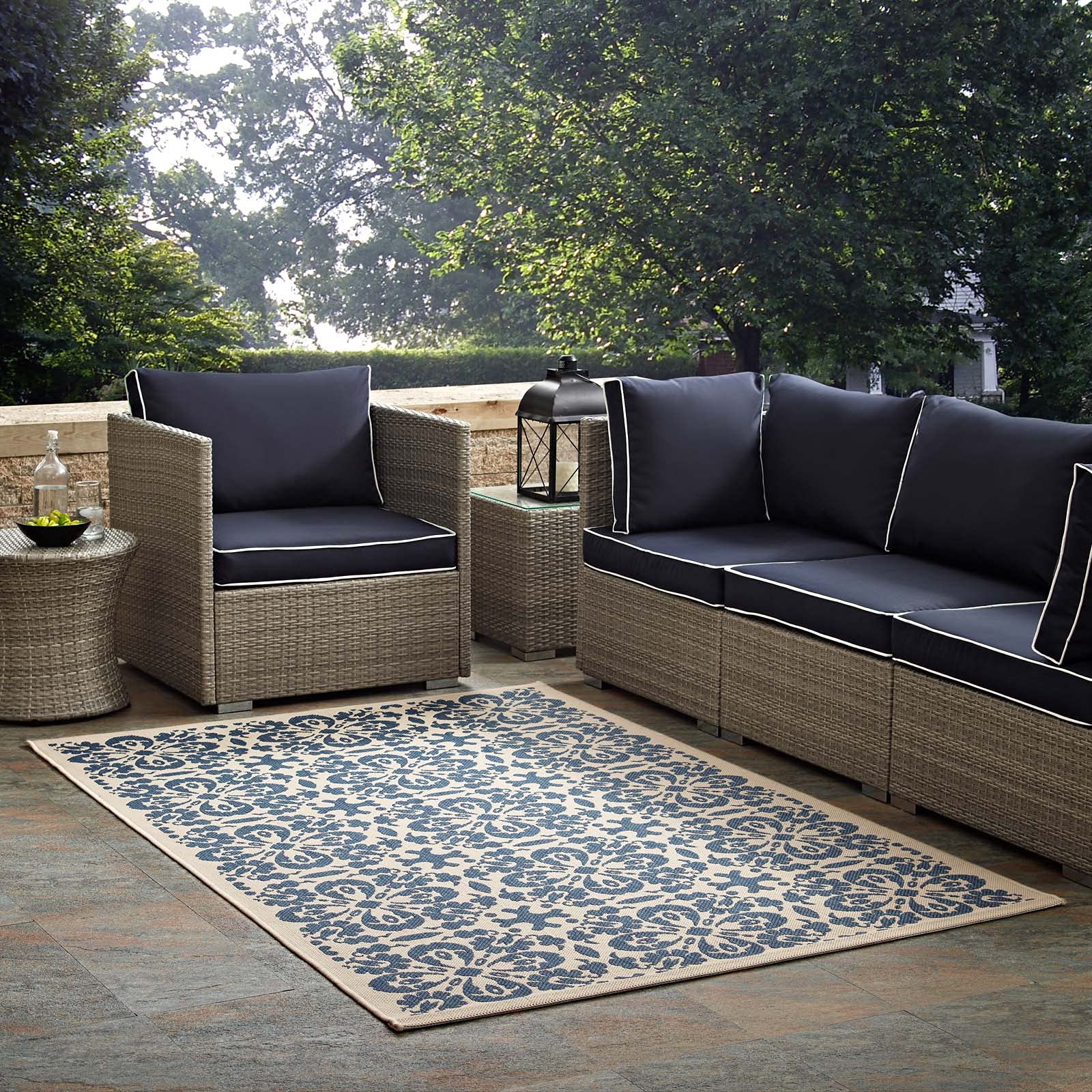 Modway Ariana Vintage Floral Trellis 4X6 Indoor And Outdoor Area Rug In Blue And Beige