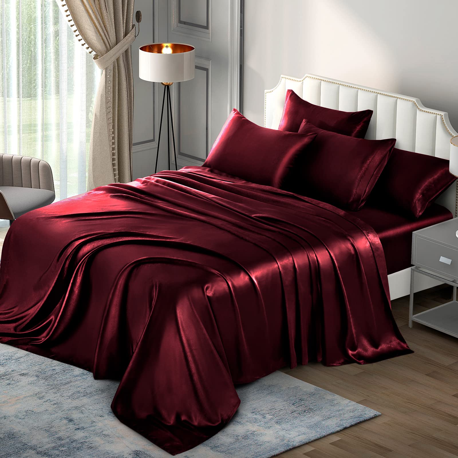 P Pothuiny 6 Pieces Full Satin Sheets Luxury Silky Burgundy Satin Bedding Sheet Set, 1 Deep Pocket Fitted Sheet + 1 Flat Sheet +
