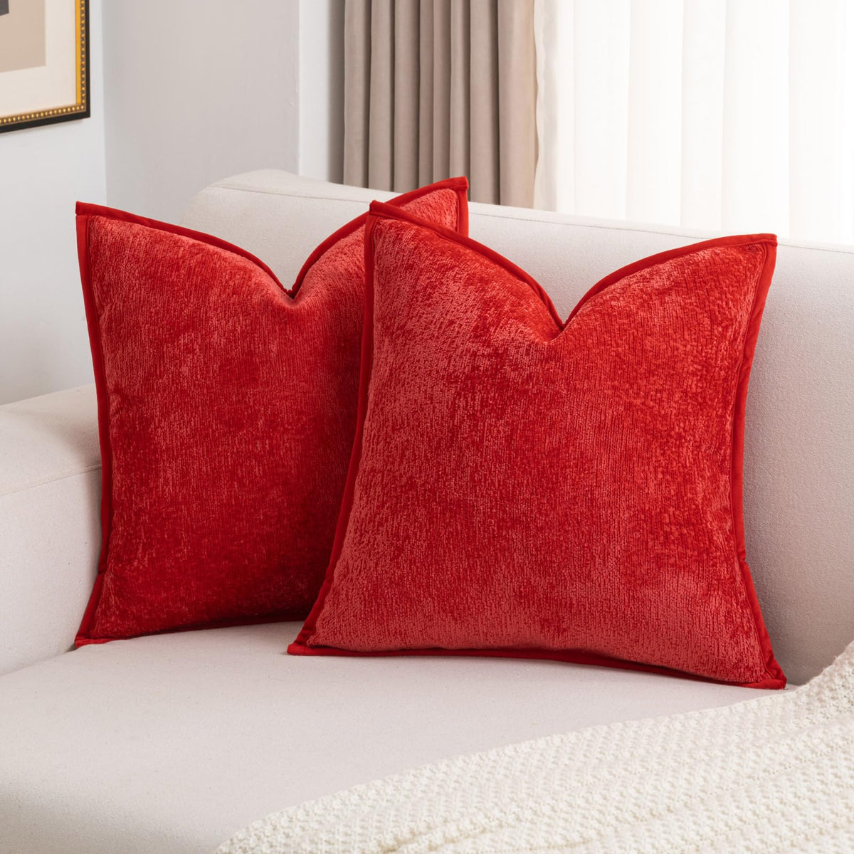 Futei Red Chenille Throw Pillow Covers 24X24 Inch Set Of 2,Soft Velvet Euro Pillow Shams,Home Decor For Couch Bed Living Room