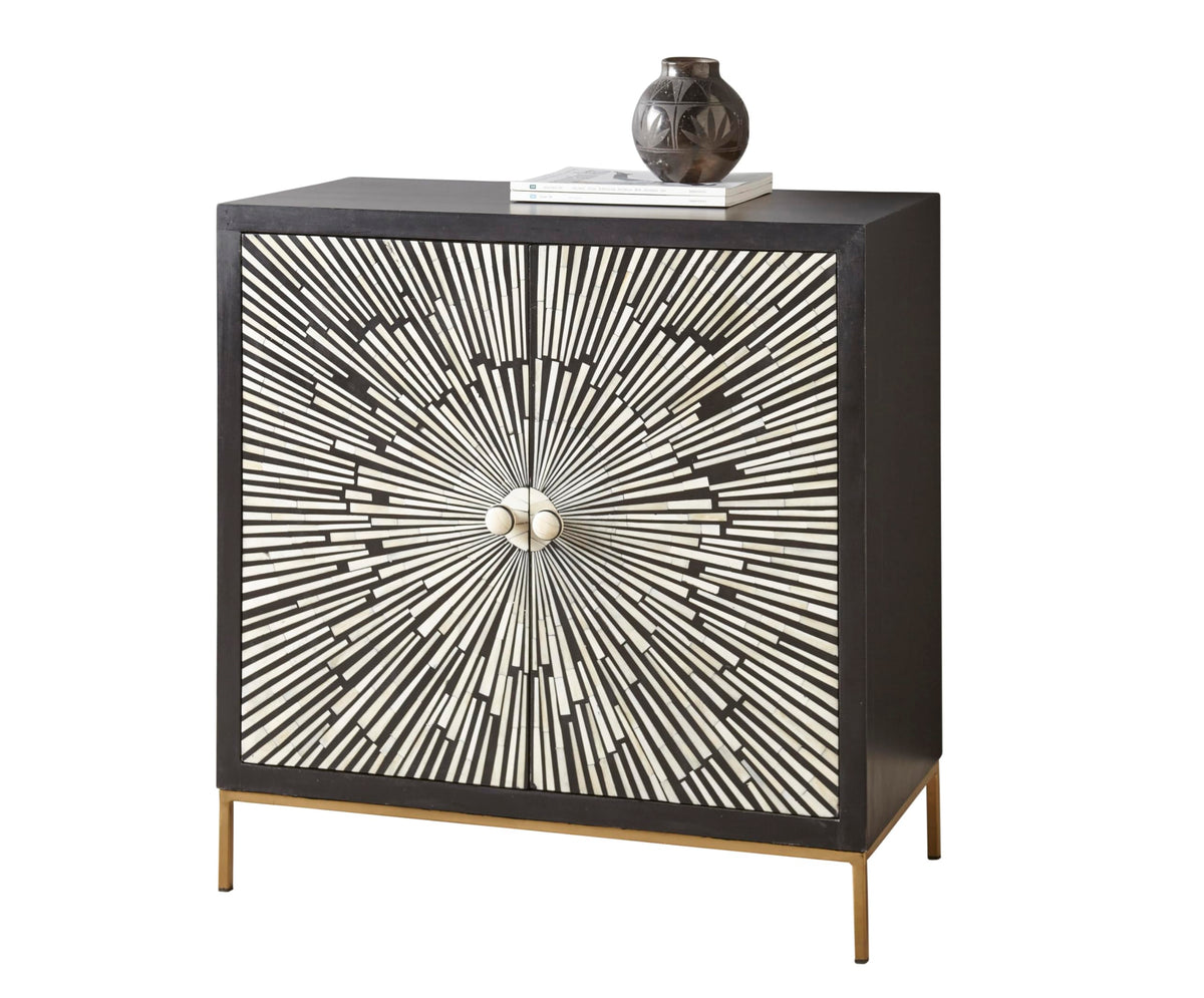 Steve Silver Amika 2 Door Sunburst Bone Accent Cabinet, Modern Elegance, Contemporary Design, Console Table Wooden, Living Room Bedroom Hallway, 16&quot; D X 33&quot; W X 32&quot; H, Ebony,Ivory