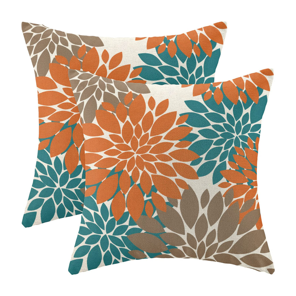 CXMEIFLY Burnt Orange Brown Teal Pillow Covers 20x20 Inch Set of 2 Dahlia Floral Decor Throw Pillows Summer Modern Geometry Flow