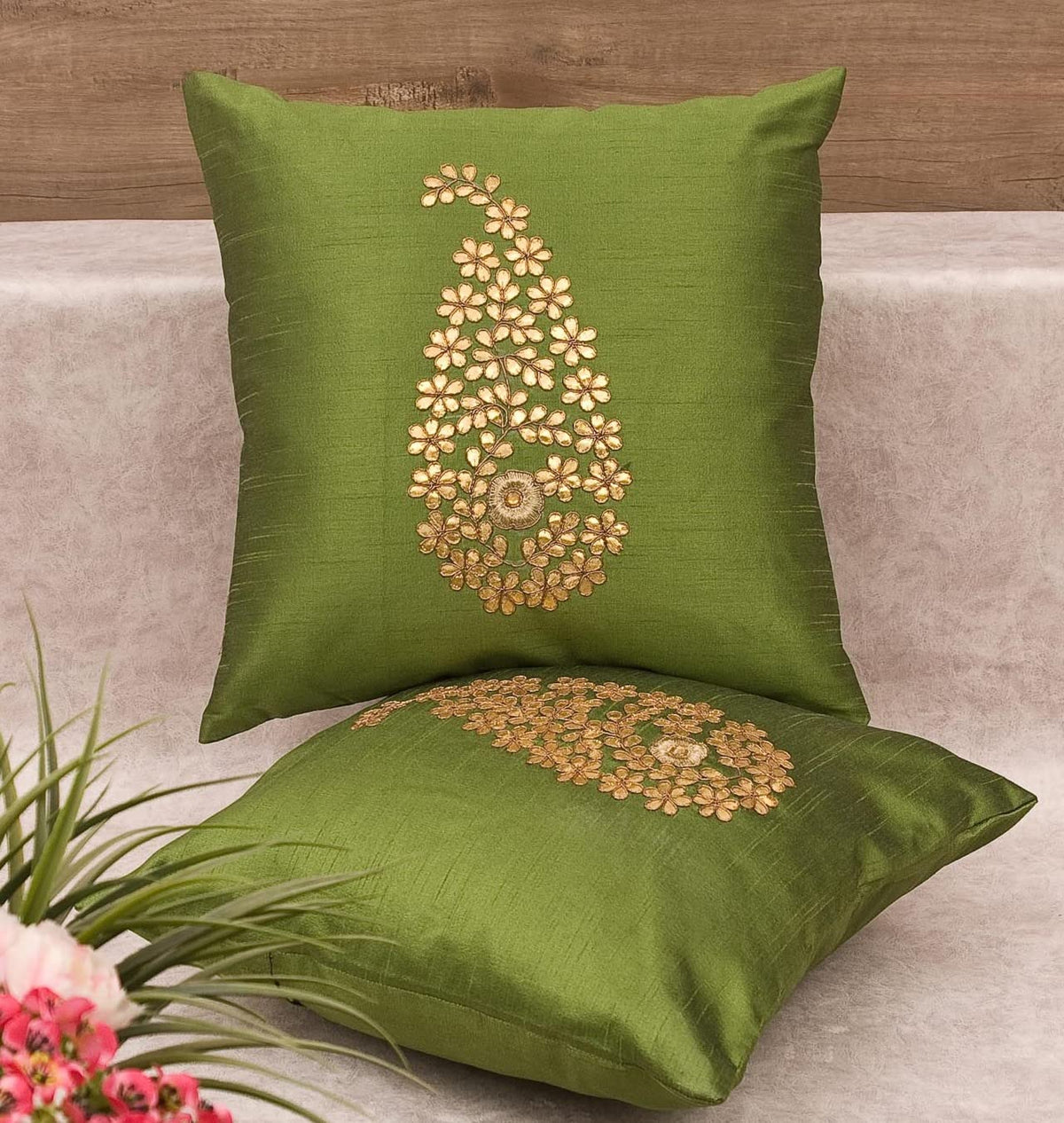 Royal Decofurnishing Golden Paisley Leaf (Raw Mango/Ambi/Kairi) Gota Patti Hand Embroidered Cushion Covers (Olive Green, 24X24